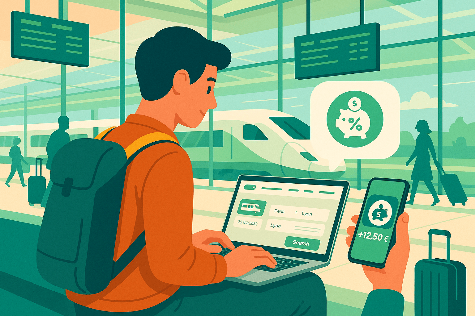Un voyageur achète un billet de train sur son ordinateur portable, une bulle montre un pourcentage de cashback crédité sur son smartphone, le tout dans une ambiance de gare moderne.