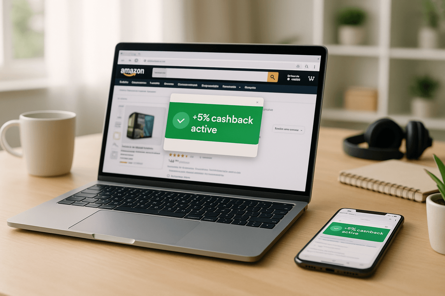 Illustration d’un ordinateur portable affichant une page produit Amazon avec une fenêtre pop-up d’extension de cashback montrant “+5 % activé”, et un smartphone présentant la même activation sur son navigateur mobile, dans une ambiance bureau moderne.
