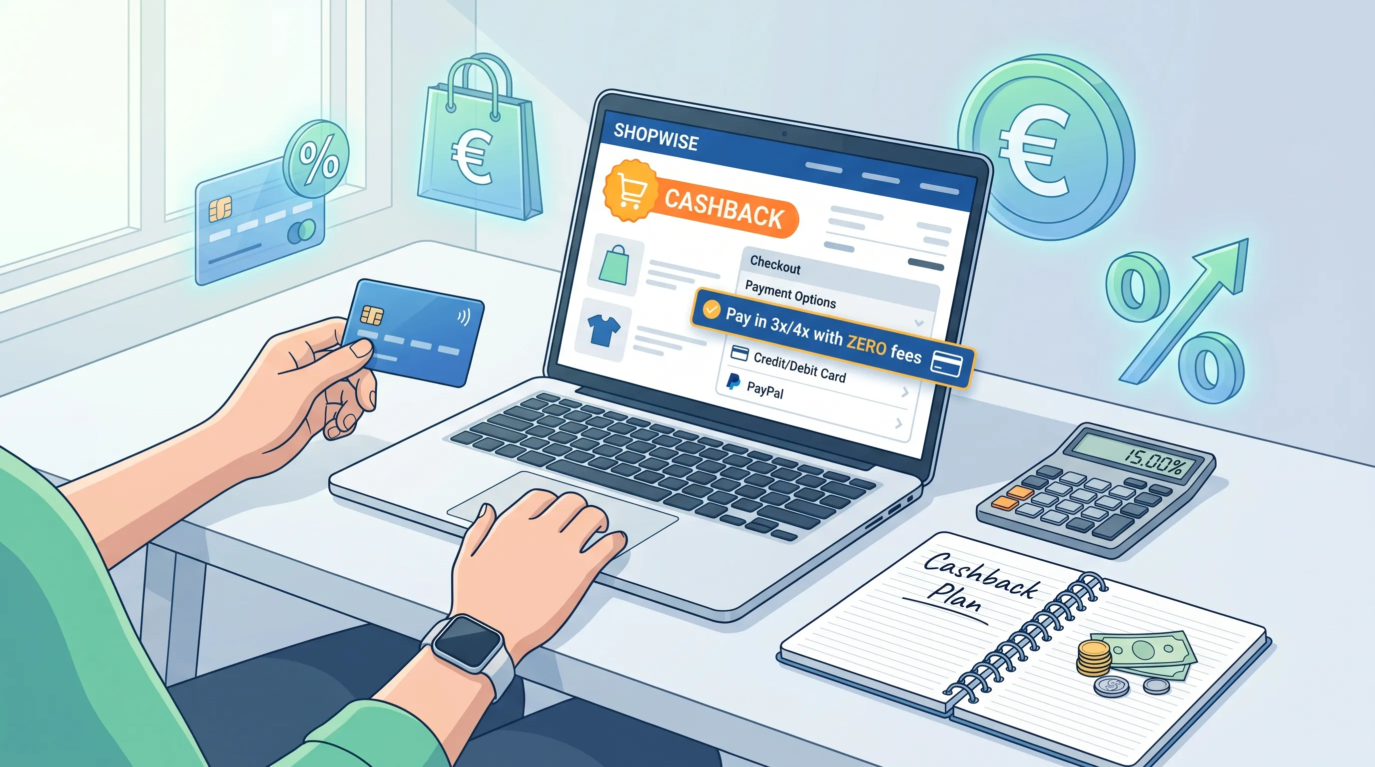 Écran montrant un paiement fractionné (3x/4x) sur ordinateur et mobile avec une icône cashback, illustrant la compatibilité entre cashback et paiement en plusieurs fois.