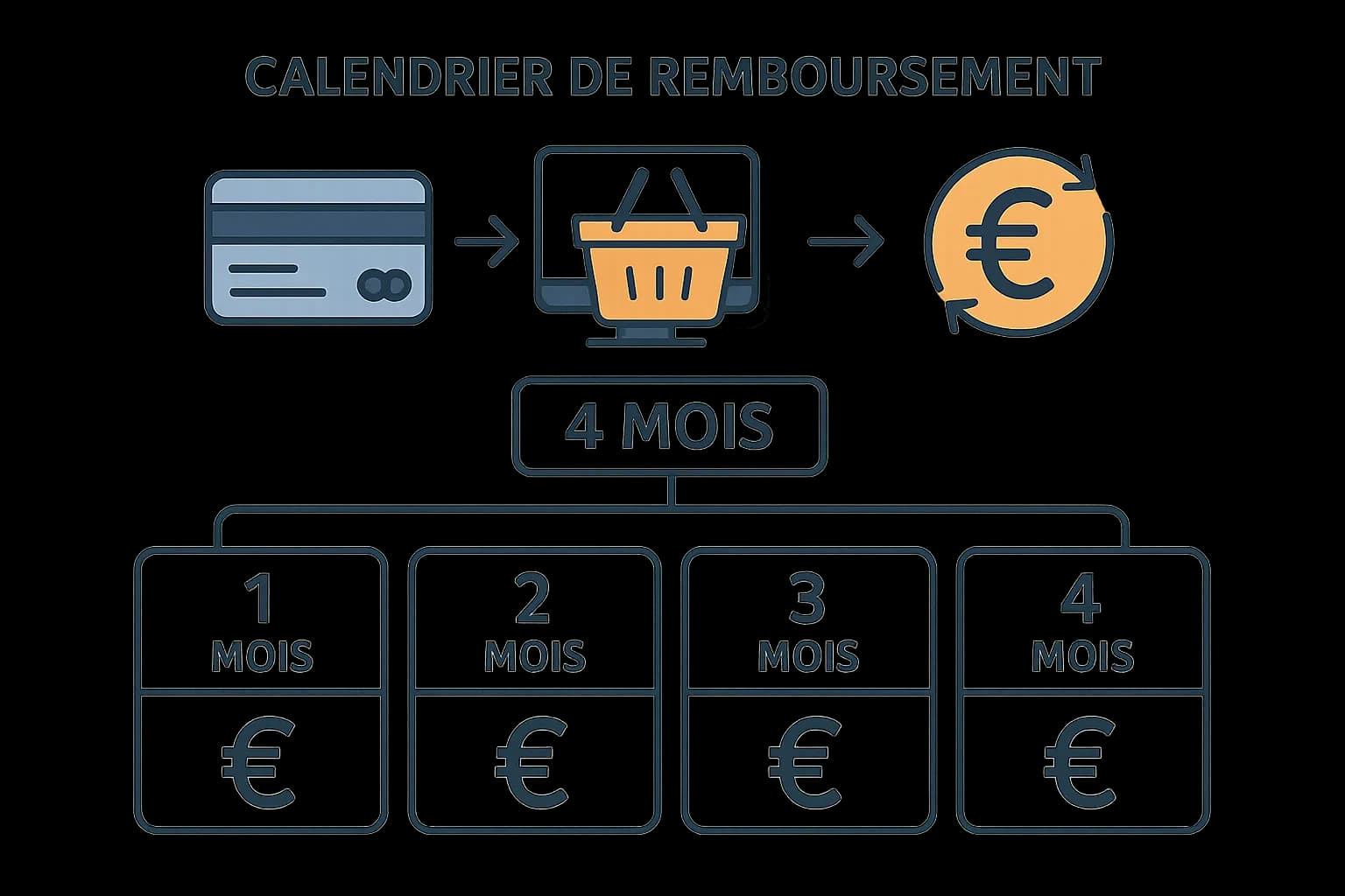 Infographie présentant un calendrier de remboursement sur 4 mois, avec des icônes de carte bancaire, panier en ligne et symbole cashback montrant les interactions entre BNPL et gains.