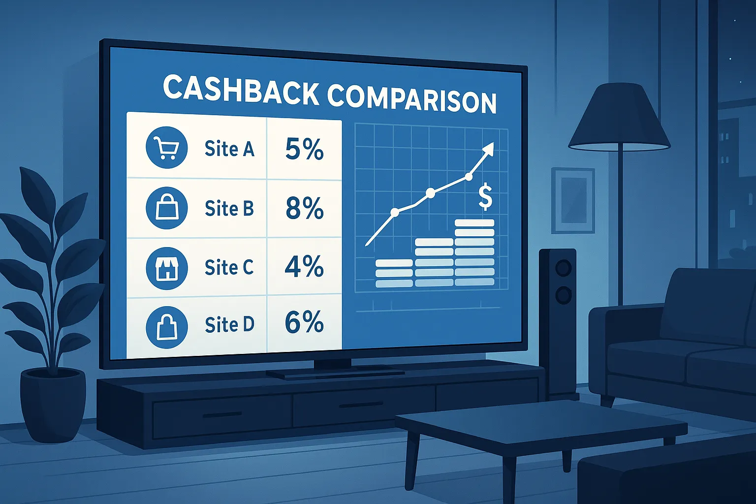 Tableau comparatif sur écran géant affichant plusieurs sites marchands, leurs taux de cashback et un graphique de progression des économies réalisées, dans un décor de salon high-tech.