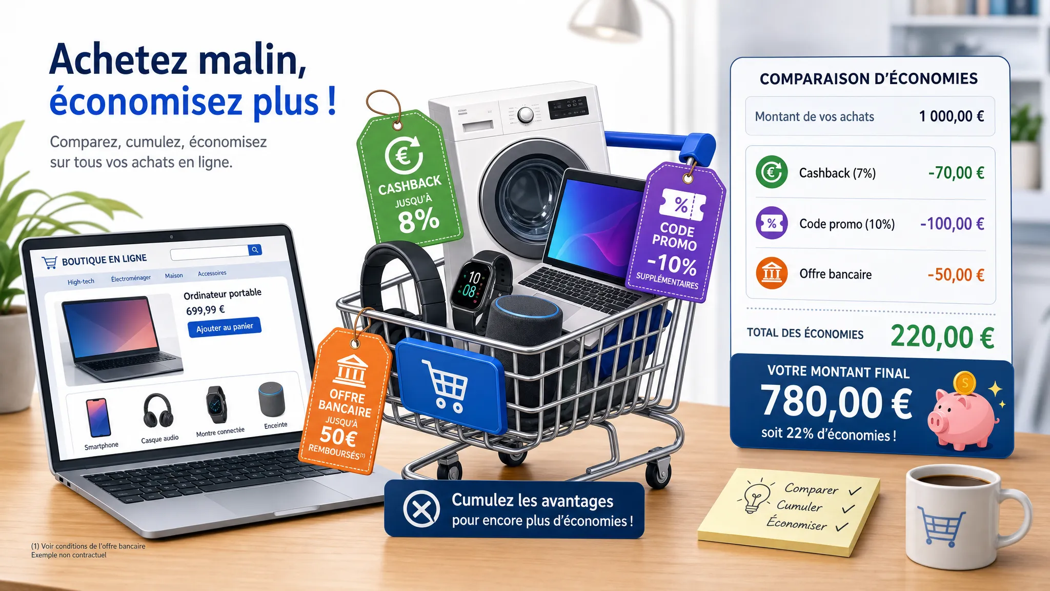 Un panier d’achat en ligne avec un ordinateur portable, un lave-linge et des accessoires high-tech, accompagné d’étiquettes indiquant cashback, code promo et offre bancaire, posé sur une table simple dans un décor de comparaison d’économies.
