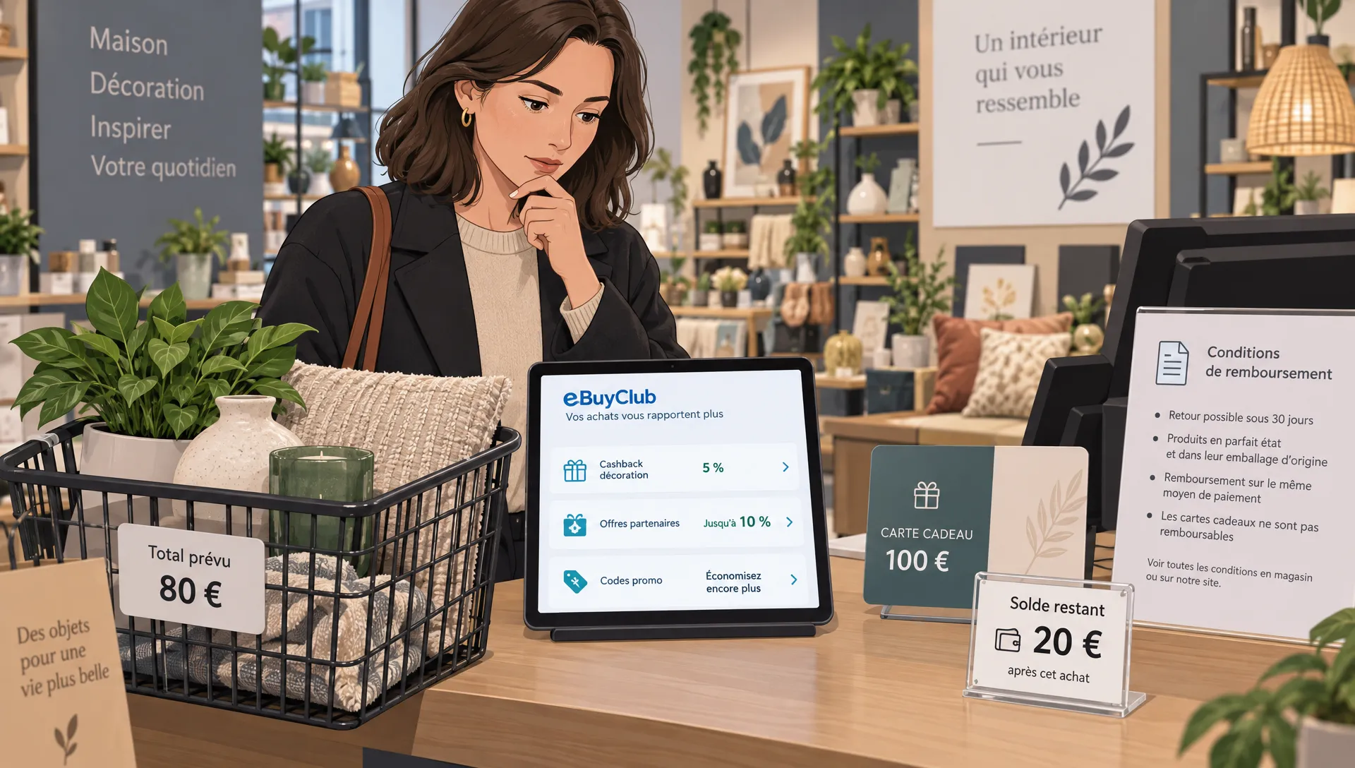 Un client compare un panier de 80 euros et une carte cadeau de 100 euros en vérifiant les conditions d’achat ebuyclub.