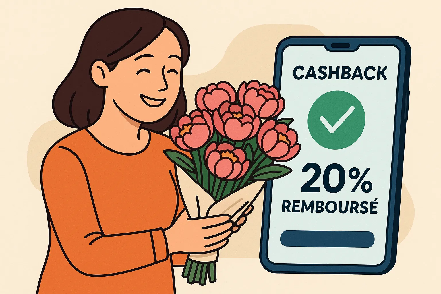 Une mère souriante reçoit un bouquet de pivoines pendant qu’un smartphone ouvert sur une application de cashback montre une confirmation de 20 % remboursé.