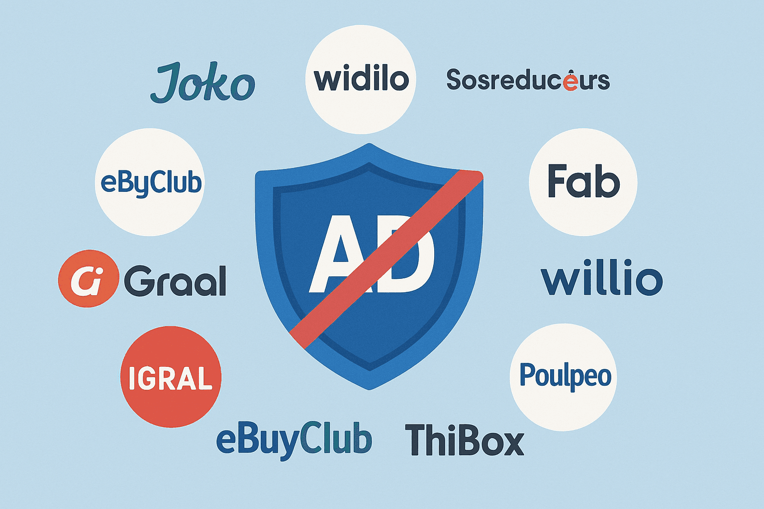 Illustration en flat-design montrant les logos de 10 services listés (Joko, Widilo, eBuyClub, etc.) disposés autour d’un bouclier symbolisant la protection contre la pub, sur fond bleu clair.