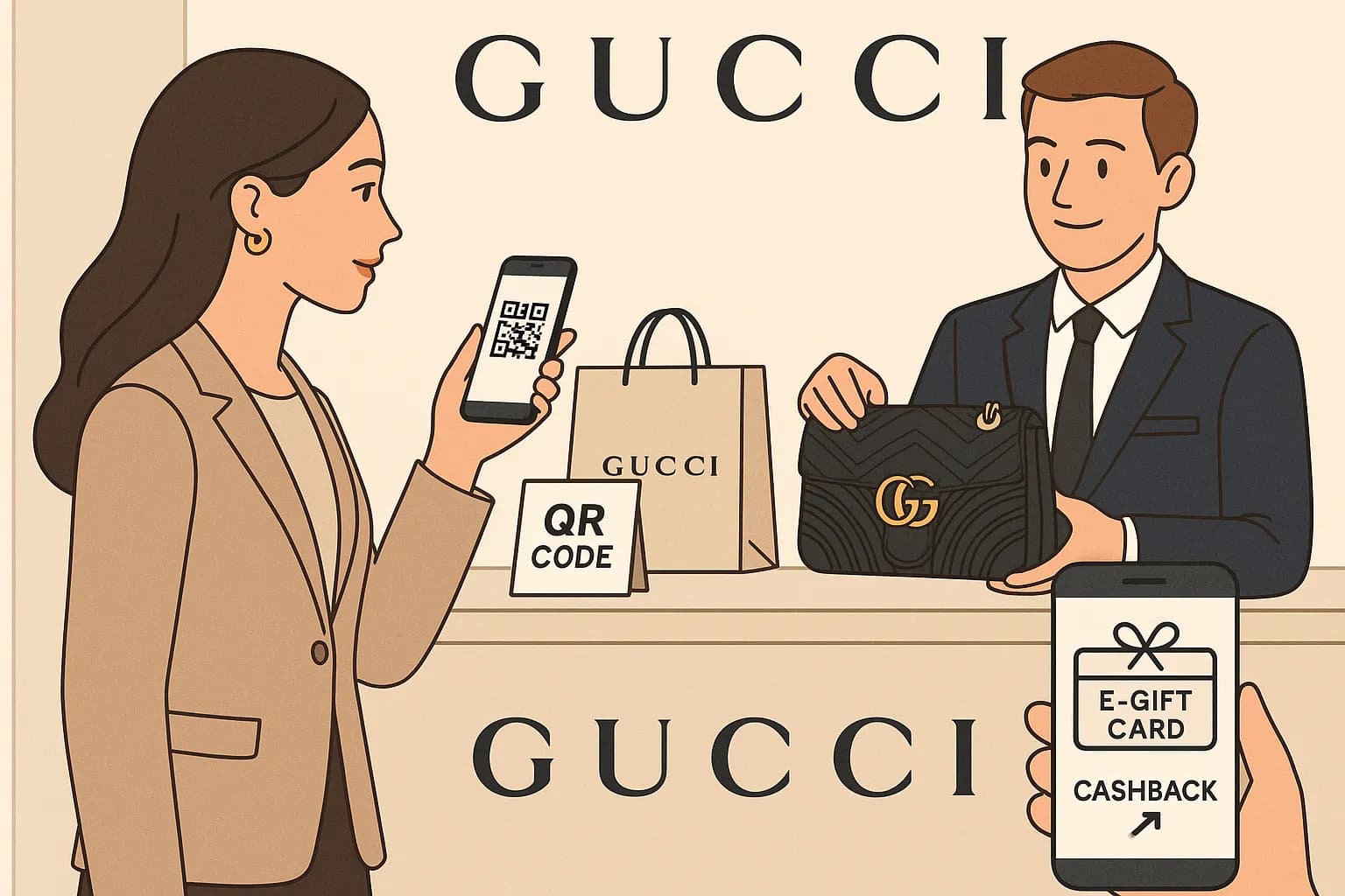 Une cliente élégante scanne un QR Code sur son smartphone devant un comptoir Gucci, tandis qu’un vendeur prépare un sac Marmont, symbolisant l’utilisation d’une e-carte cadeau achetée avec cashback pour un achat luxe