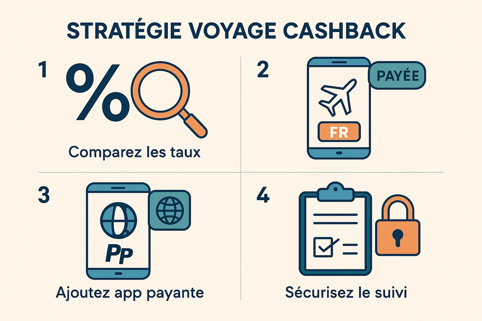 Un mini schéma en 4 étapes illustrant la stratégie voyage cashback, comparer les taux, réserver via app FR, ajouter une app internationale payée via PayPal, sécuriser le tracking et les preuves.