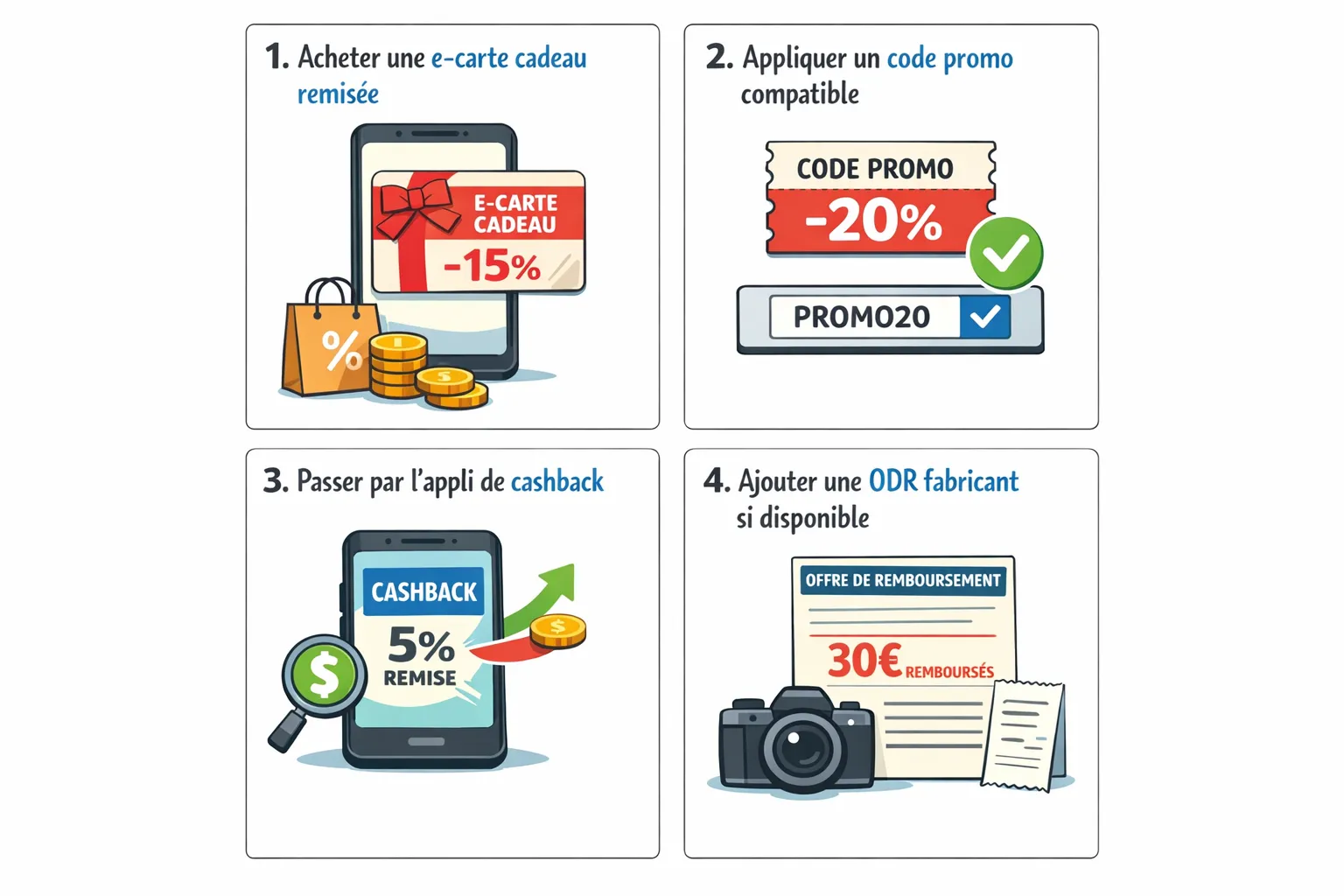 Petit schéma simple en 4 blocs illustrant un « stacking » photo typique, 1) Acheter une e‑carte cadeau remisée, 2) Appliquer un code promo compatible, 3) Passer par l’appli de cashback qui offre le meilleur taux, 4) Ajouter une ODR fabricant si dispo...