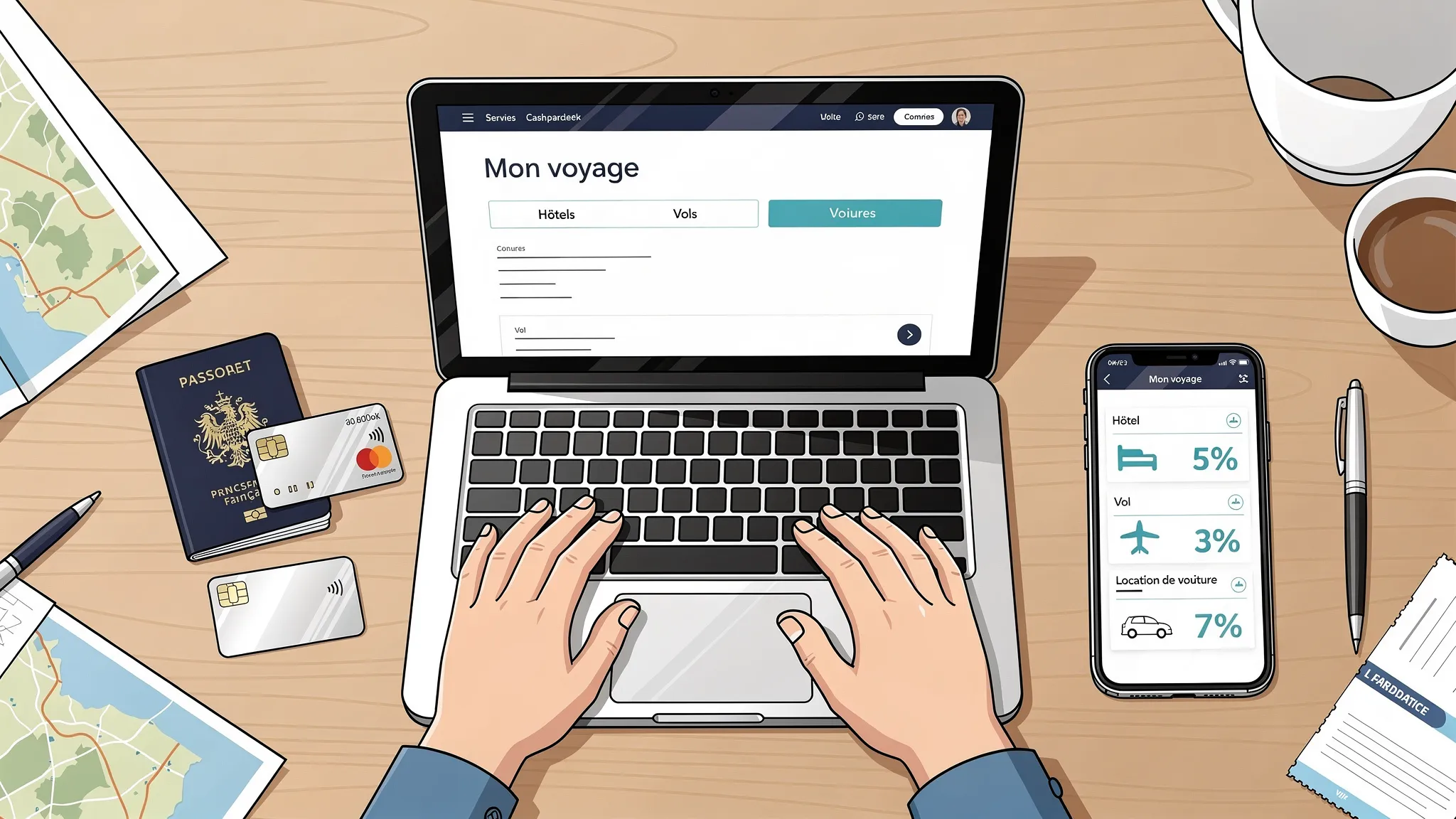 Un voyageur prépare son itinéraire sur une table avec passeport, carte bancaire et ordinateur portable (écran orienté vers l’utilisateur), tandis qu’à côté un smartphone affiche une interface de comparaison de cashback pour un hôtel, un vol et une lo...