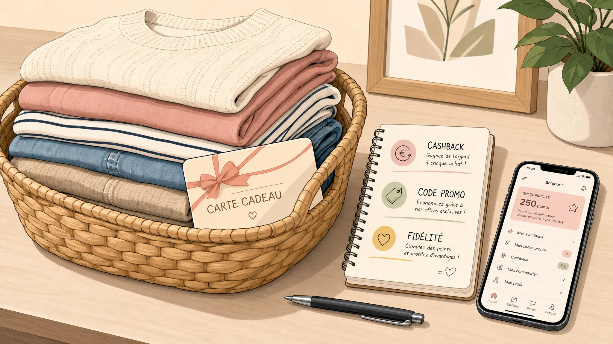 Un panier de vêtements pliés avec une carte cadeau, un carnet indiquant cashback, code promo et fidélité, et un téléphone posé à côté écran vers le haut.