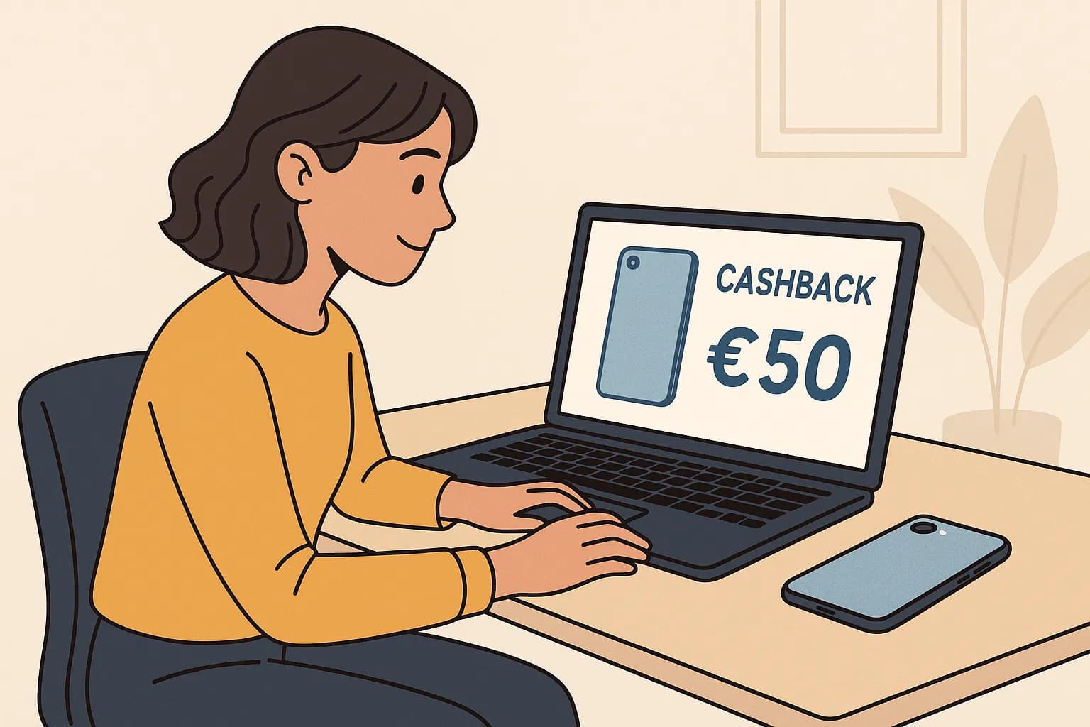 Jeune consommatrice assise à un bureau moderne, consultant sur un ordinateur portable les taux de cashback pour un smartphone, tandis qu’un téléphone dernier cri repose à côté d’elle sur la table. L’écran de l’ordinateur est orienté vers la personne ...