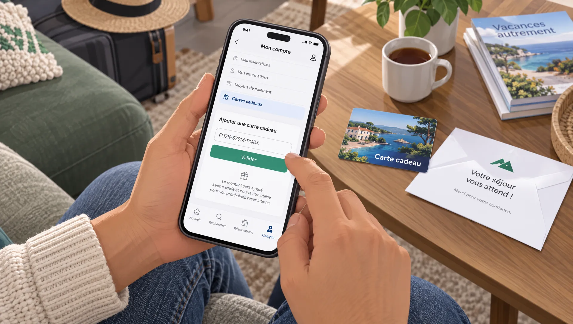 Une main compare le prix d’un séjour, une carte cadeau et des calculs de cashback eBuyClub Airbnb avant l’achat.