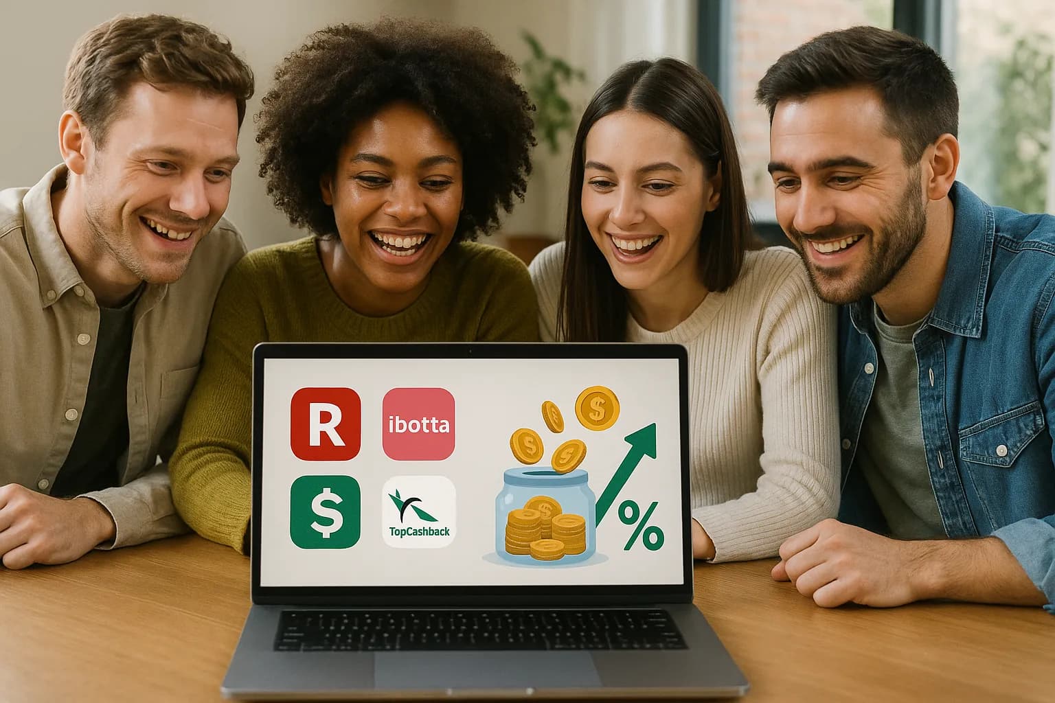 Illustration montrant un groupe de quatre amis autour d’un ordinateur portable partageant un écran affichant plusieurs logos d’applications de cashback, des pièces tombant dans une cagnotte virtuelle et un graphique de pourcentage en hausse pour symboliser l’économie collective réalisée grâce aux achats groupés.
