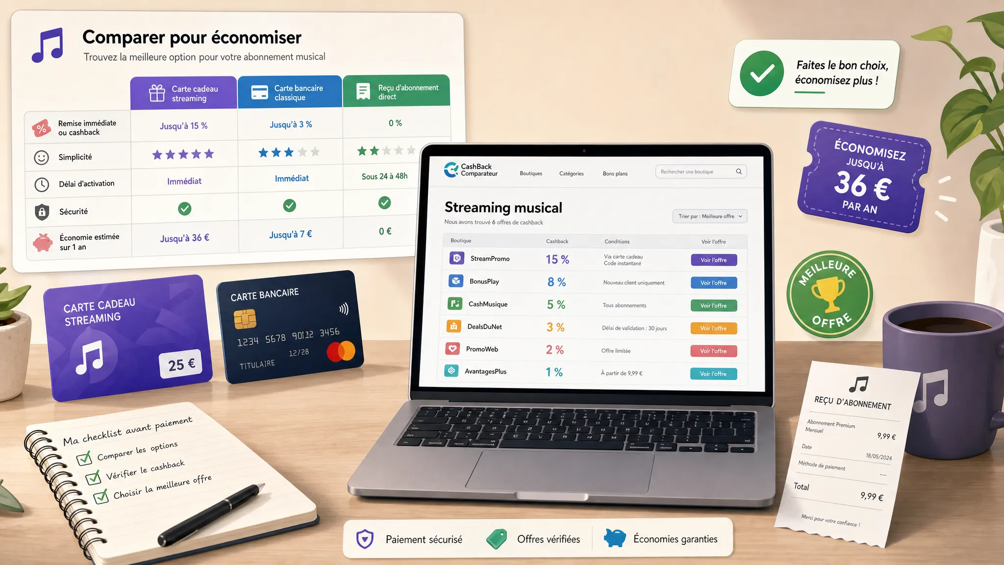 Une personne compare des options d’économies pour un abonnement Spotify avec une carte cadeau, une carte bancaire et un ordinateur affichant un comparateur de cashback.