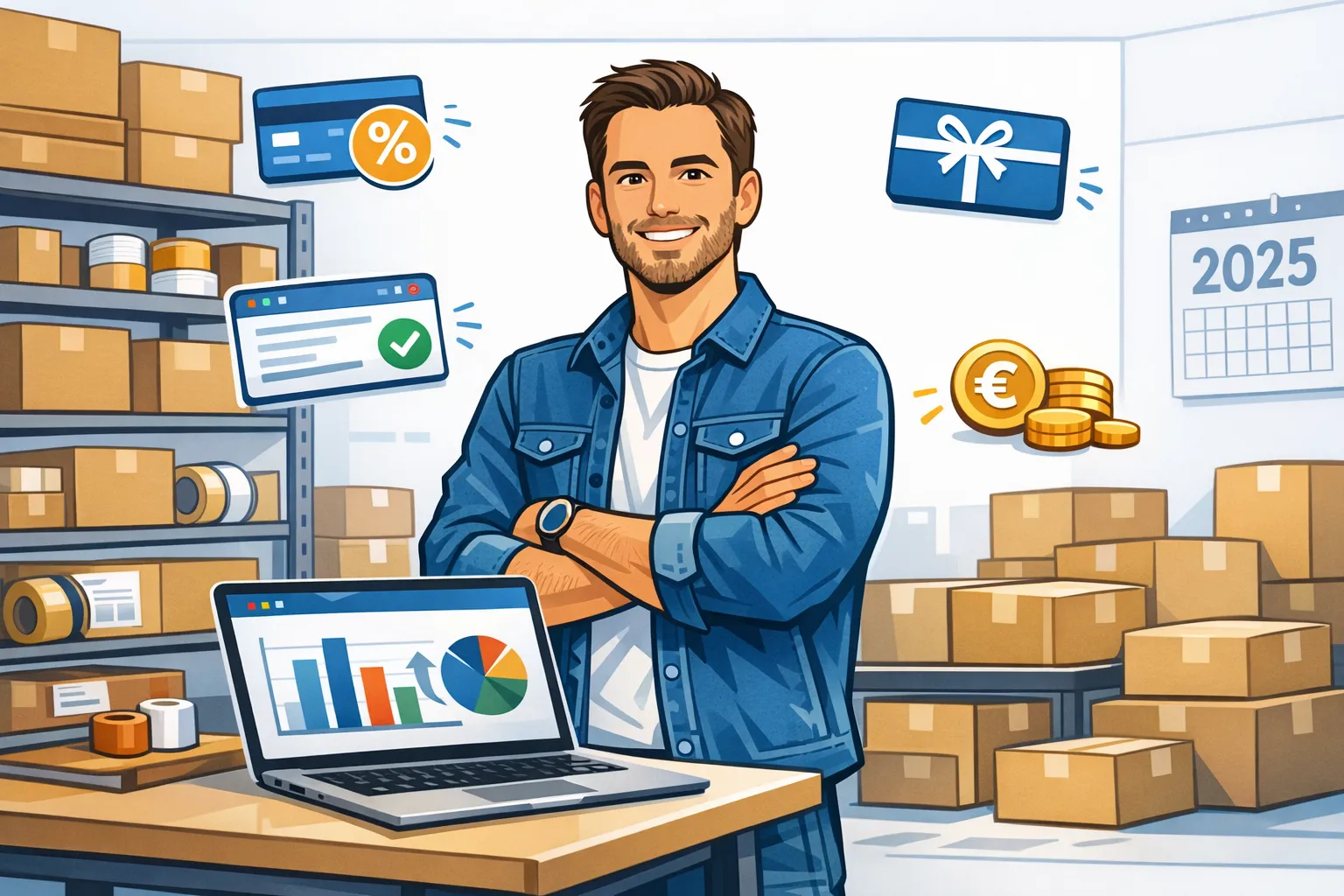 Entrepreneur e‑commerce préparant des colis dans un petit espace logistique, ordinateur affichant un comparateur de cashback, étiquettes d’expédition, ruban adhésif et boîtes de différentes tailles.