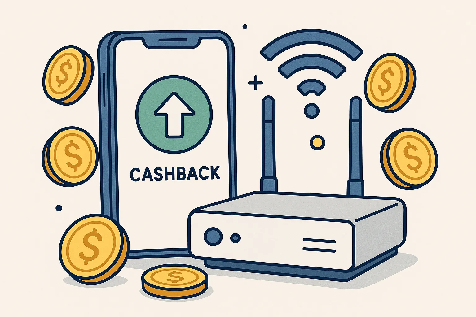 Illustration : Un smartphone et un routeur Wi-Fi entourés de pièces de monnaie, symbolisant le cashback sur les abonnements téléphoniques et la box internet.