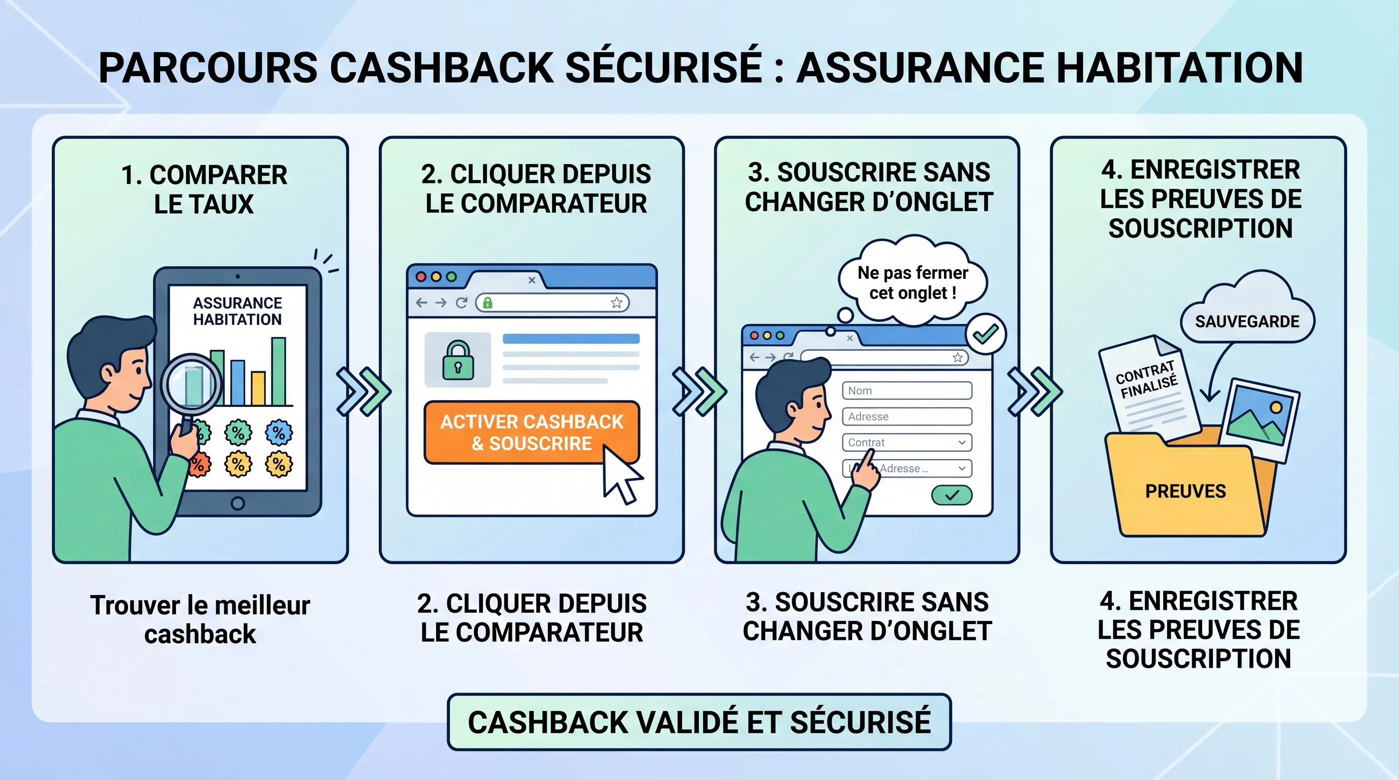 Un mémo visuel en quatre étapes montrant un parcours de cashback sécurisé pour une assurance habitation : comparer le taux, cliquer depuis le comparateur, souscrire sans changer d’onglet, puis enregistrer les preuves de souscription.