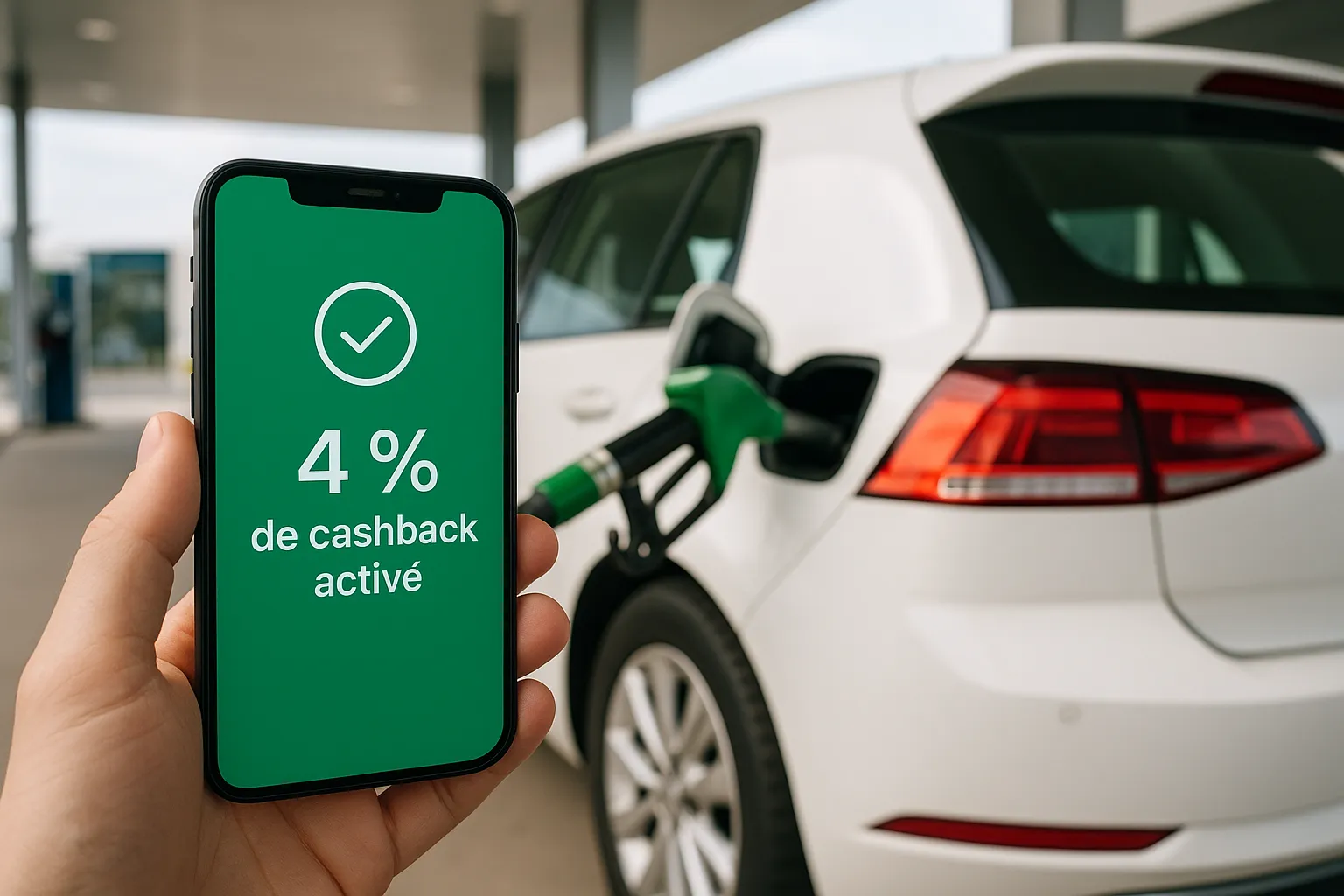 Une voiture fait le plein de carburant dans une station-service moderne, tandis qu’un smartphone au premier plan affiche un écran « 4 % de cashback activé » sur l’appli.