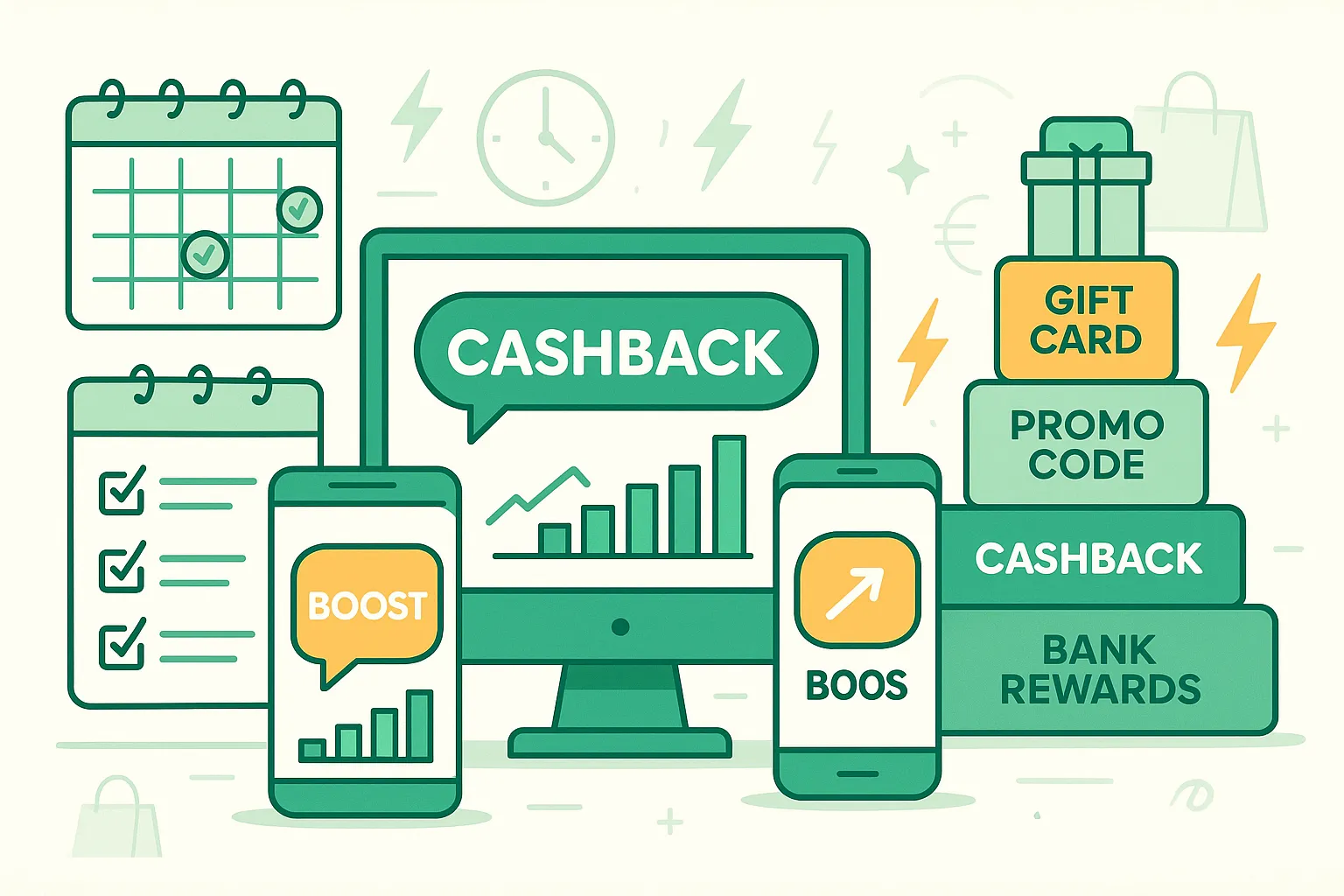 Smartphone affichant une notification « Boost cashback » pendant les soldes flottantes, cartes cadeaux et ordinateur portable en arrière‑plan