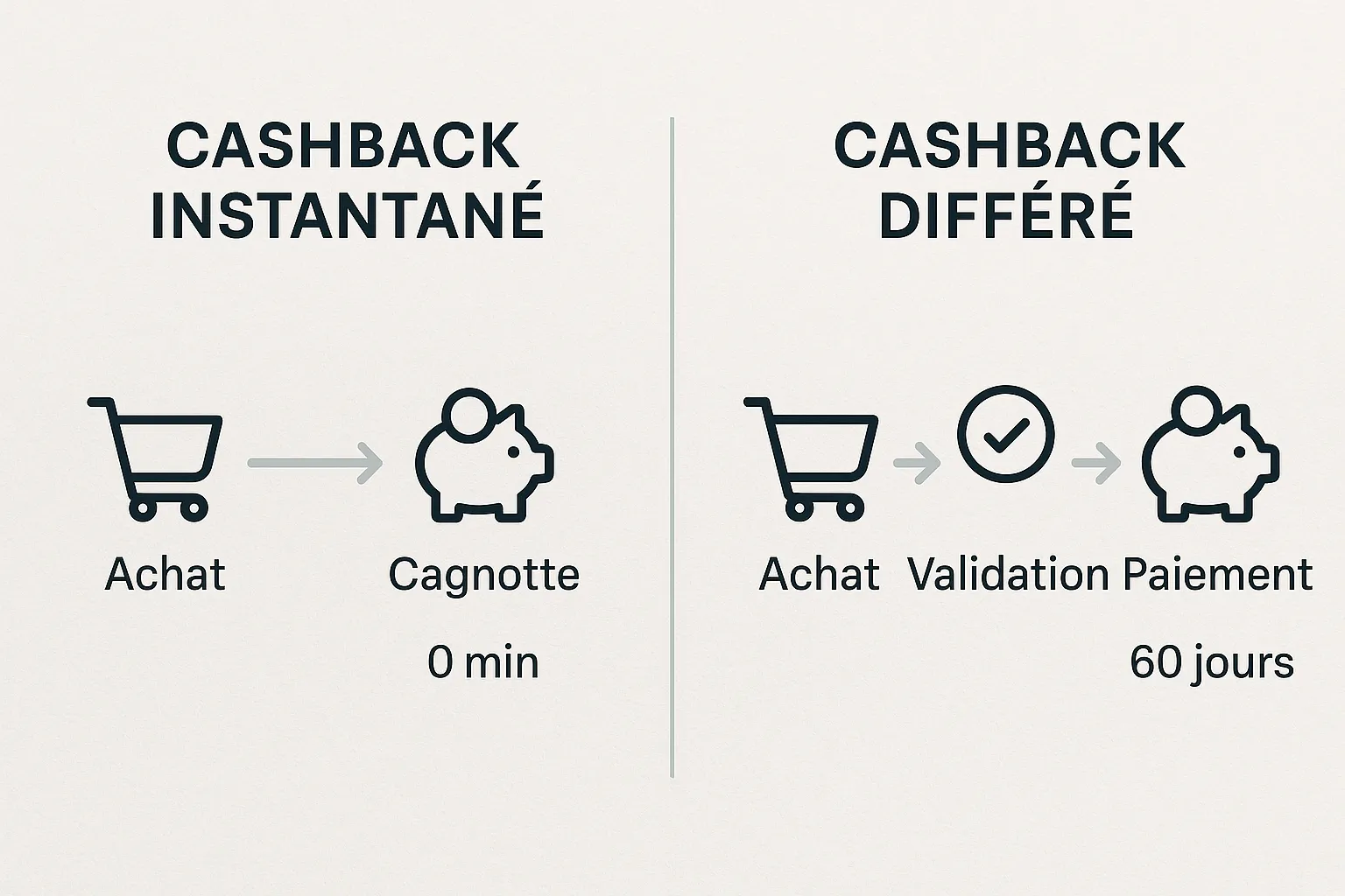 Schéma en deux volets : à gauche la timeline du cashback instantané (achat ➜ cagnotte 0 min), à droite celle du différé (achat ➜ validation ➜ paiement 60 jours).