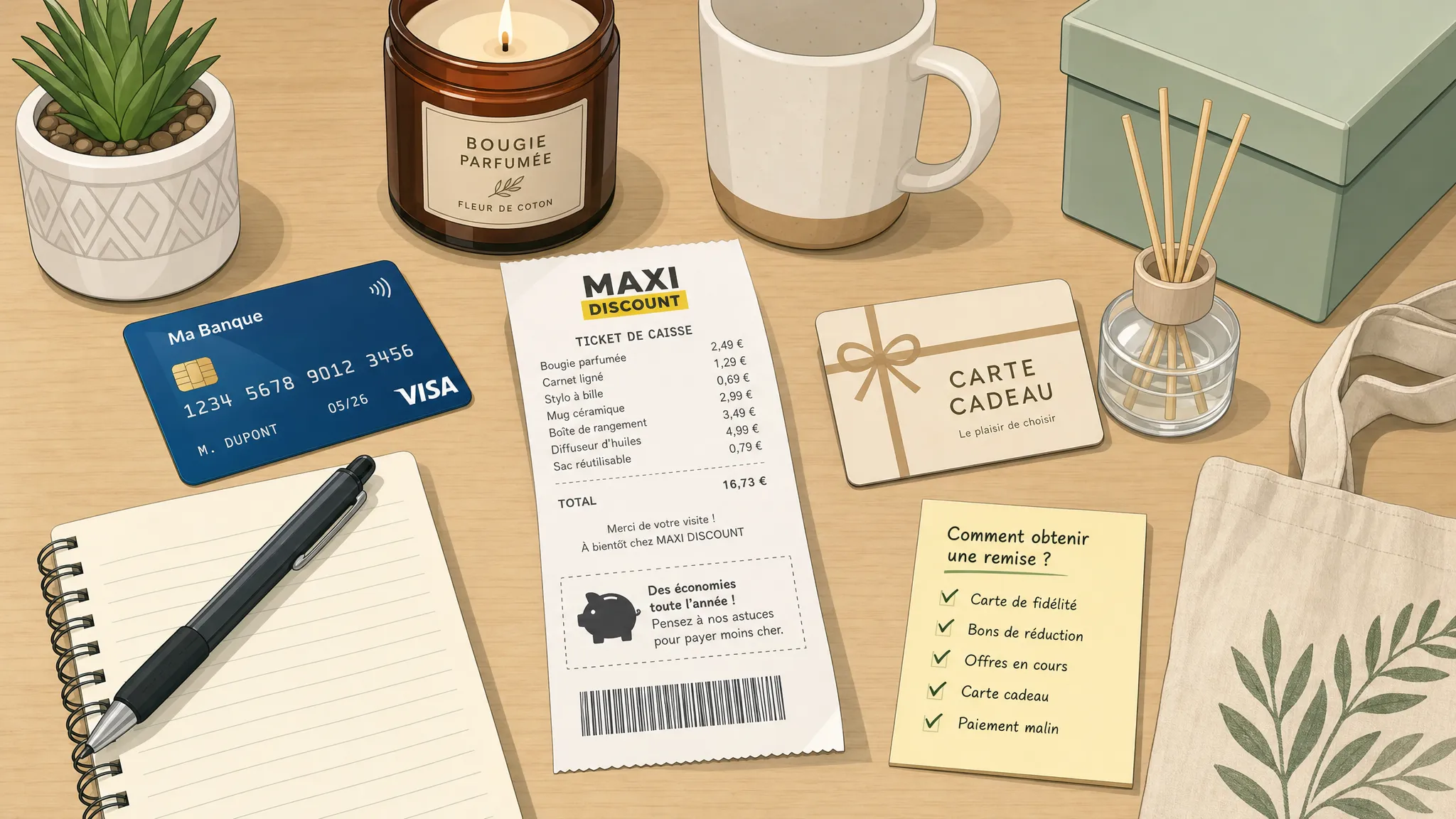 Un ticket de caisse, une carte bancaire, une carte cadeau neutre et plusieurs petits produits de maison et de papeterie posés sur une table, illustrant les différentes façons de chercher une remise après un achat en magasin discount.