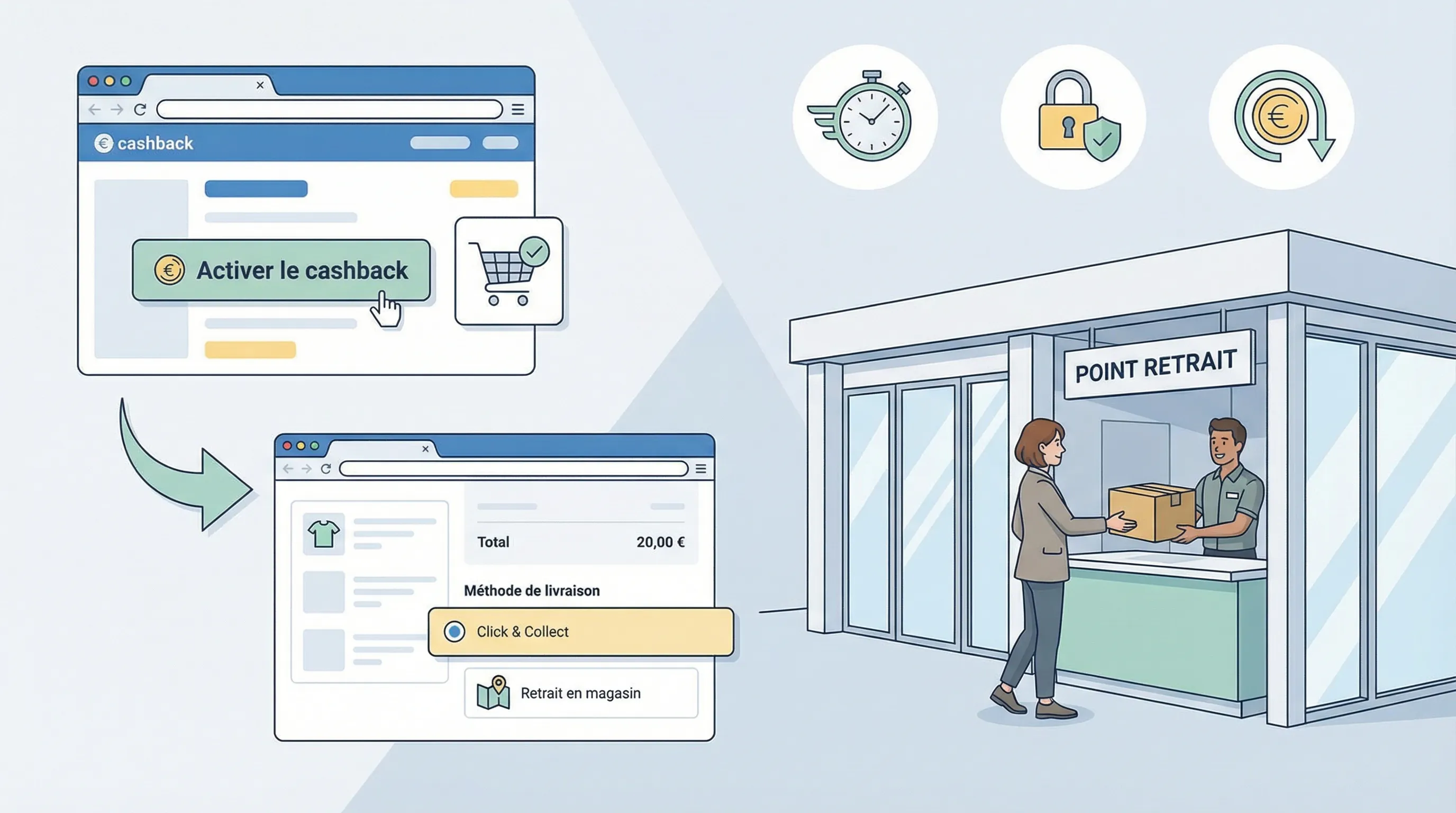 Schéma illustrant le parcours Click & Collect : clic depuis une appli de cashback, redirection vers le site marchand, choix Click & Collect et retrait en magasin — mettant en évidence les risques de perte d’attribution du cashback.