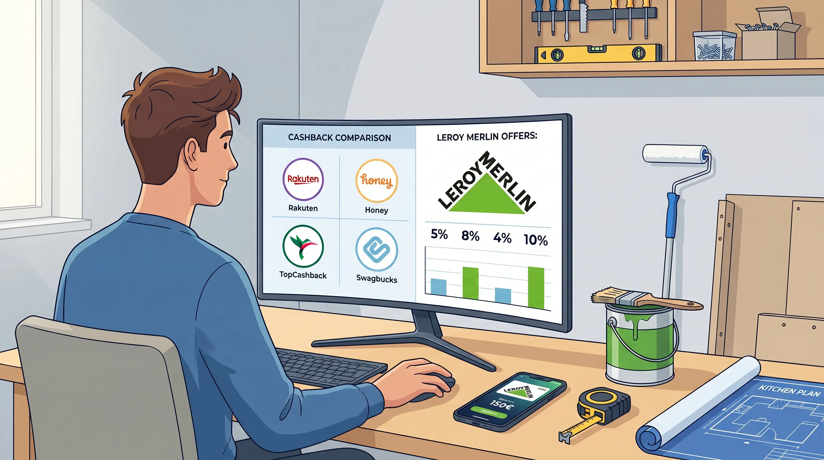 Personne préparant un achat Leroy Merlin sur ordinateur avec un comparateur de cashback affiché, une e‑carte cadeau et le panier Leroy Merlin visibles — illustre les méthodes (en ligne, carte cadeau, cashback bancaire) pour sécuriser l'économie.