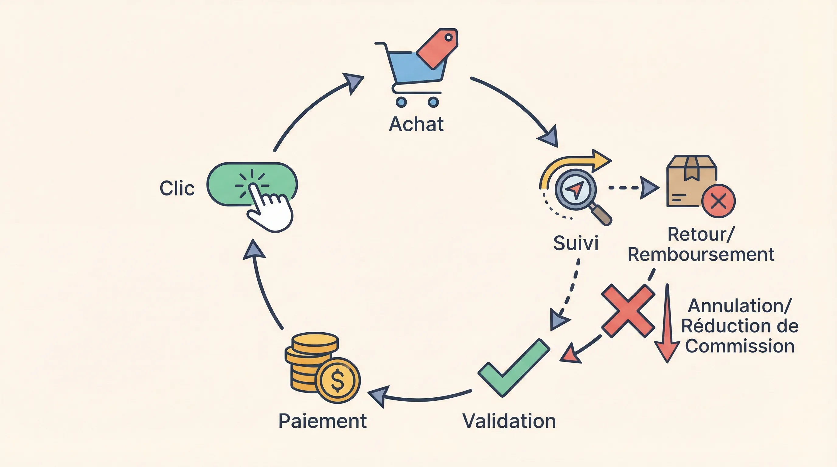 Schéma simple du cycle du cashback (clic, achat, suivi, validation, paiement) avec un embranchement montrant que l’étape de retour/remboursement peut annuler ou réduire la commission avant validation.