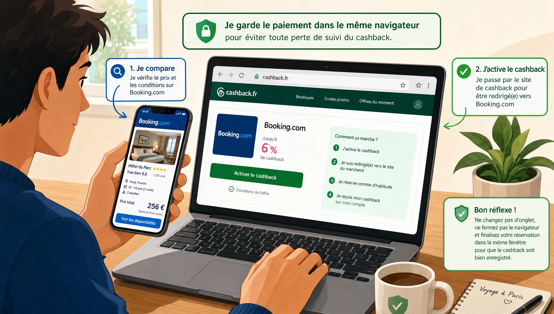 Une personne compare une réservation Booking sur mobile avec une page de cashback, en gardant le paiement dans le même navigateur pour éviter une perte de tracking.