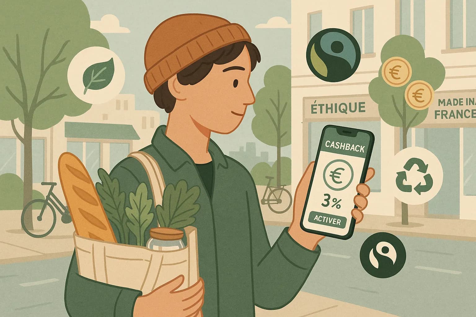 Jeune femme consultant une application de cashback sur son smartphone avec un tote bag réutilisable, entourée d’icônes de feuilles vertes, symbole de recyclage et pièces de monnaie, illustrant les achats responsables et économies.