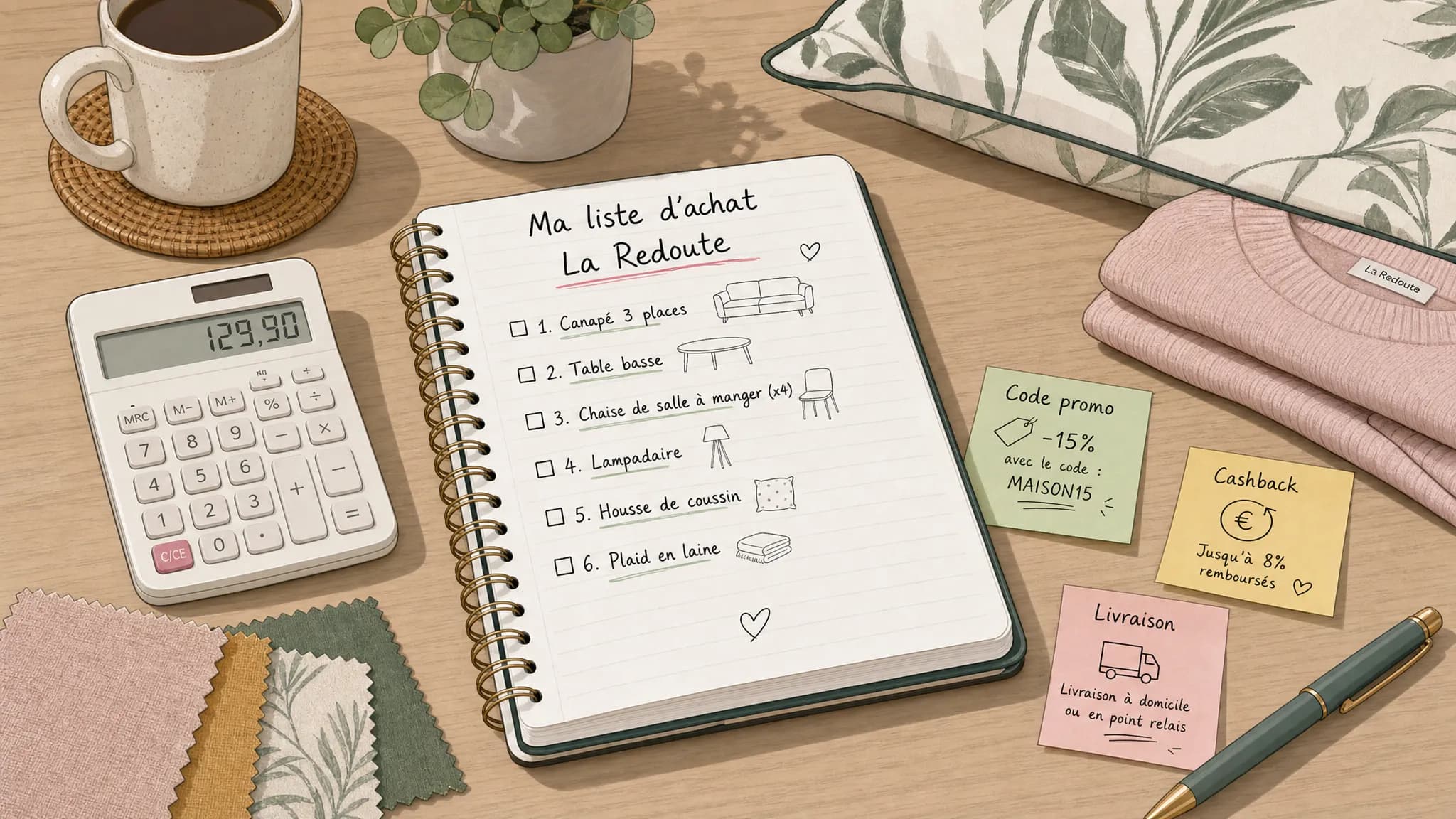 Un carnet posé sur une table avec une liste d’achat La Redoute, une calculatrice, des échantillons de tissu, un coussin, un vêtement plié et des notes indiquant code promo, cashback et livraison.