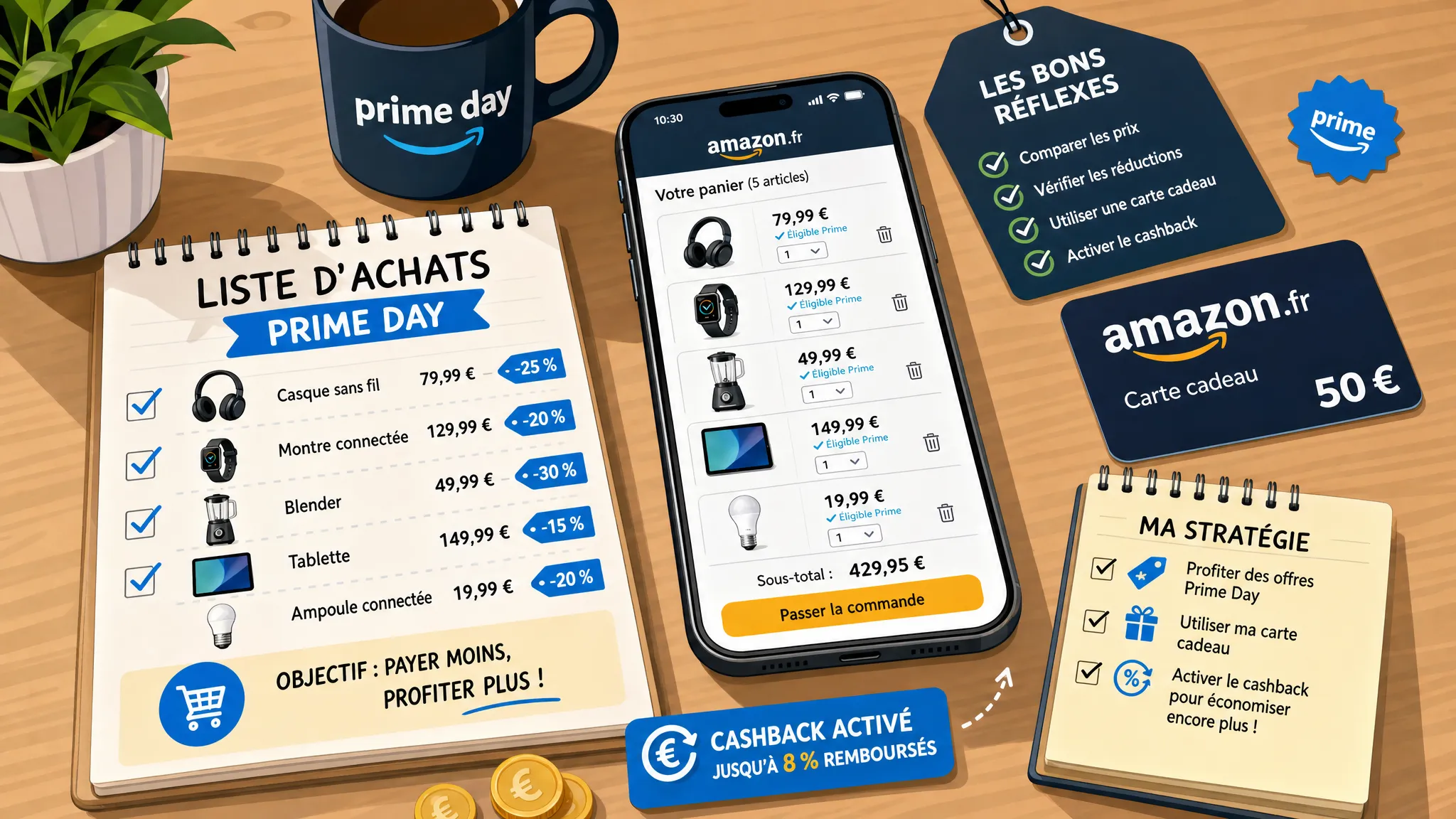 Une table organisée avec une liste d’achats Prime Day, des étiquettes de prix, une carte cadeau Amazon et des symboles de cashback, illustrant la préparation d’un panier optimisé avant paiement.