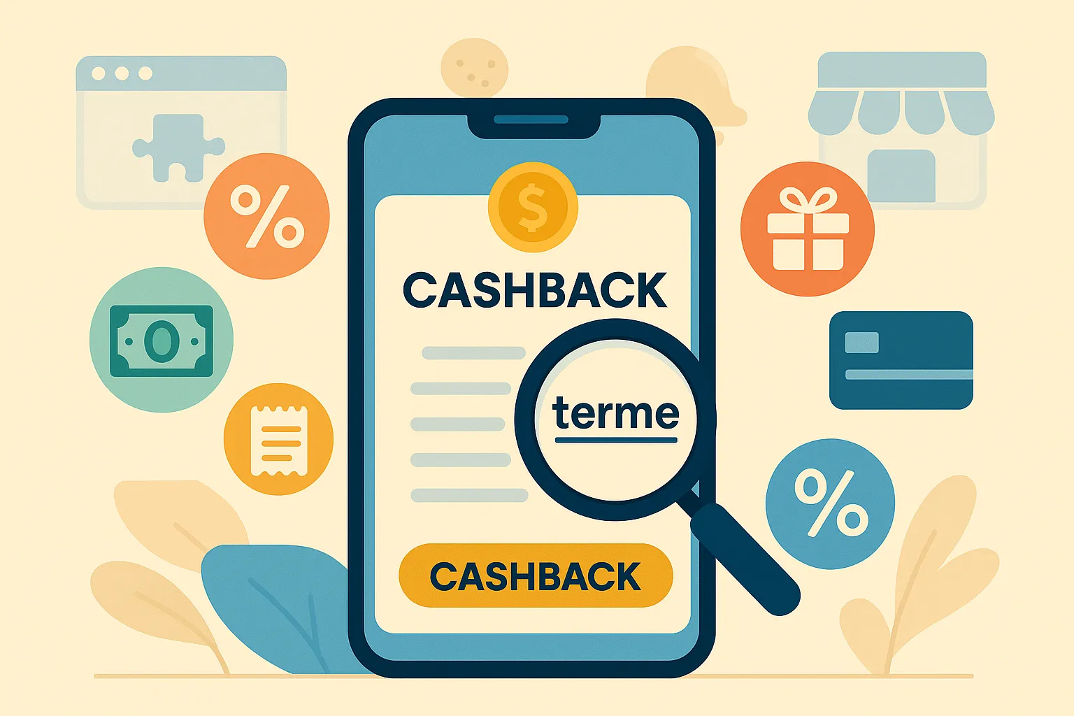 Illustration flat design d'un smartphone affichant une application de cashback avec des icônes de pourcentage, billets et cartes bancaires, et une loupe agrandissant un mot souligné symbolisant la recherche du jargon