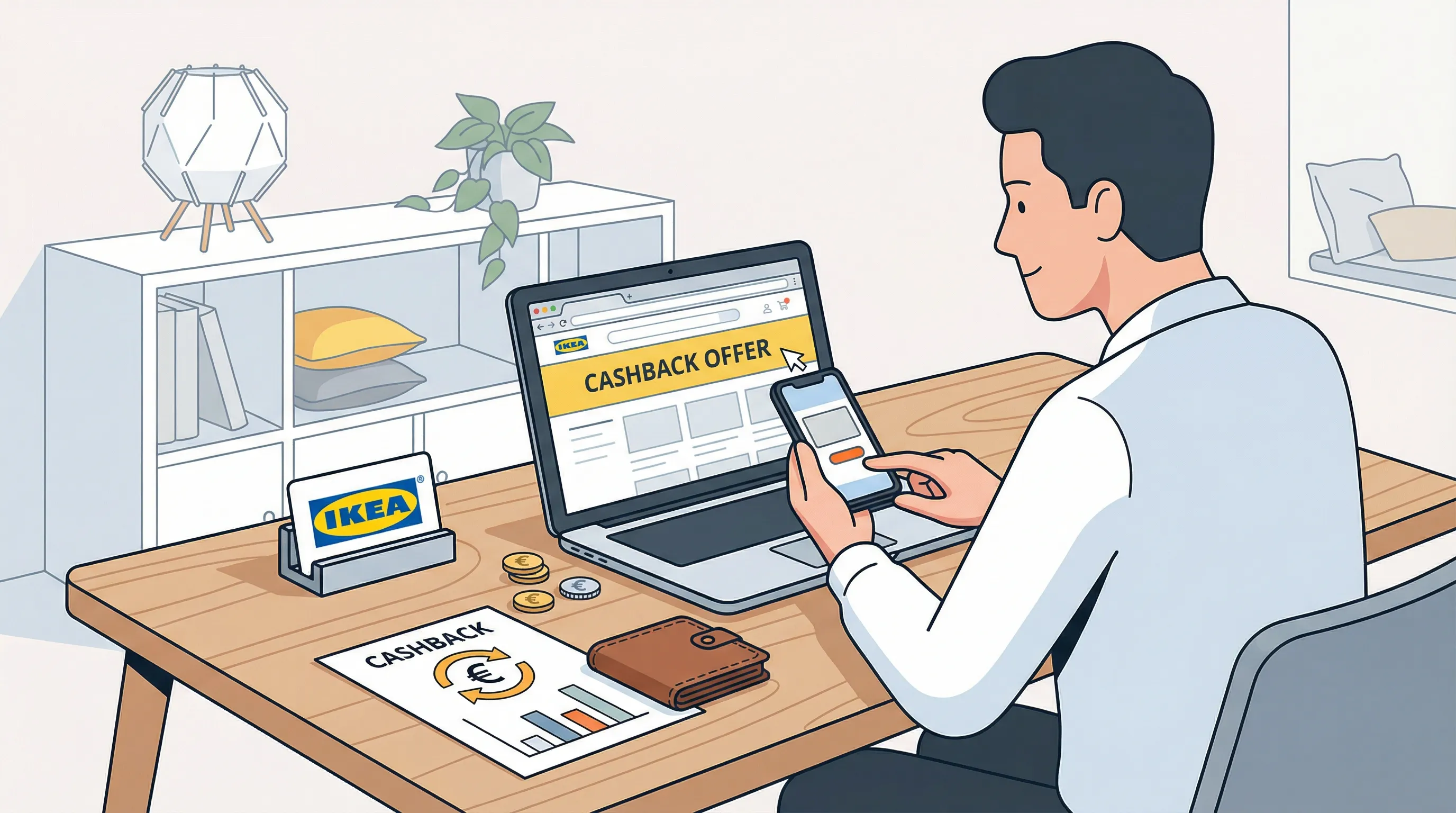 Personne comparant sur son smartphone des offres de cashback et des cartes cadeaux avant d’acheter des meubles IKEA, avec des accessoires déco posés à côté
