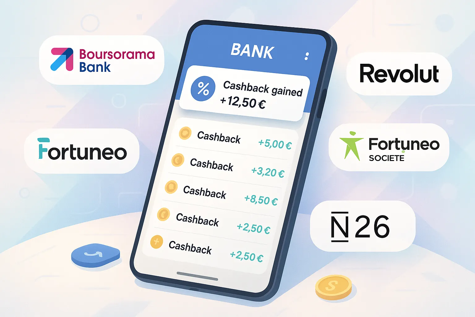 Illustration montrant un smartphone affichant un relevé bancaire avec plusieurs lignes de cashback crédité automatiquement, avec logos de Boursorama, Revolut et Fortuneo sur fond pastel