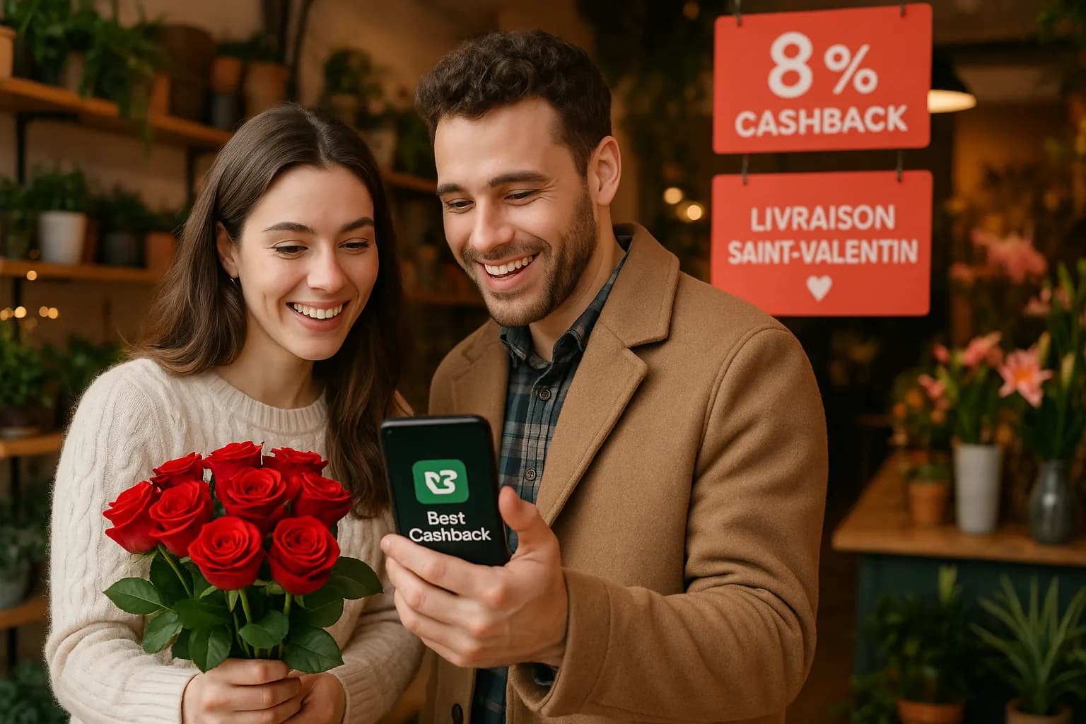 Un couple consultant l’application Best Cashback sur smartphone tout en choisissant un bouquet de roses dans une boutique cosy ; l’arrière-plan montre des étiquettes "8 % cashback" et "Livraison Saint-Valentin".