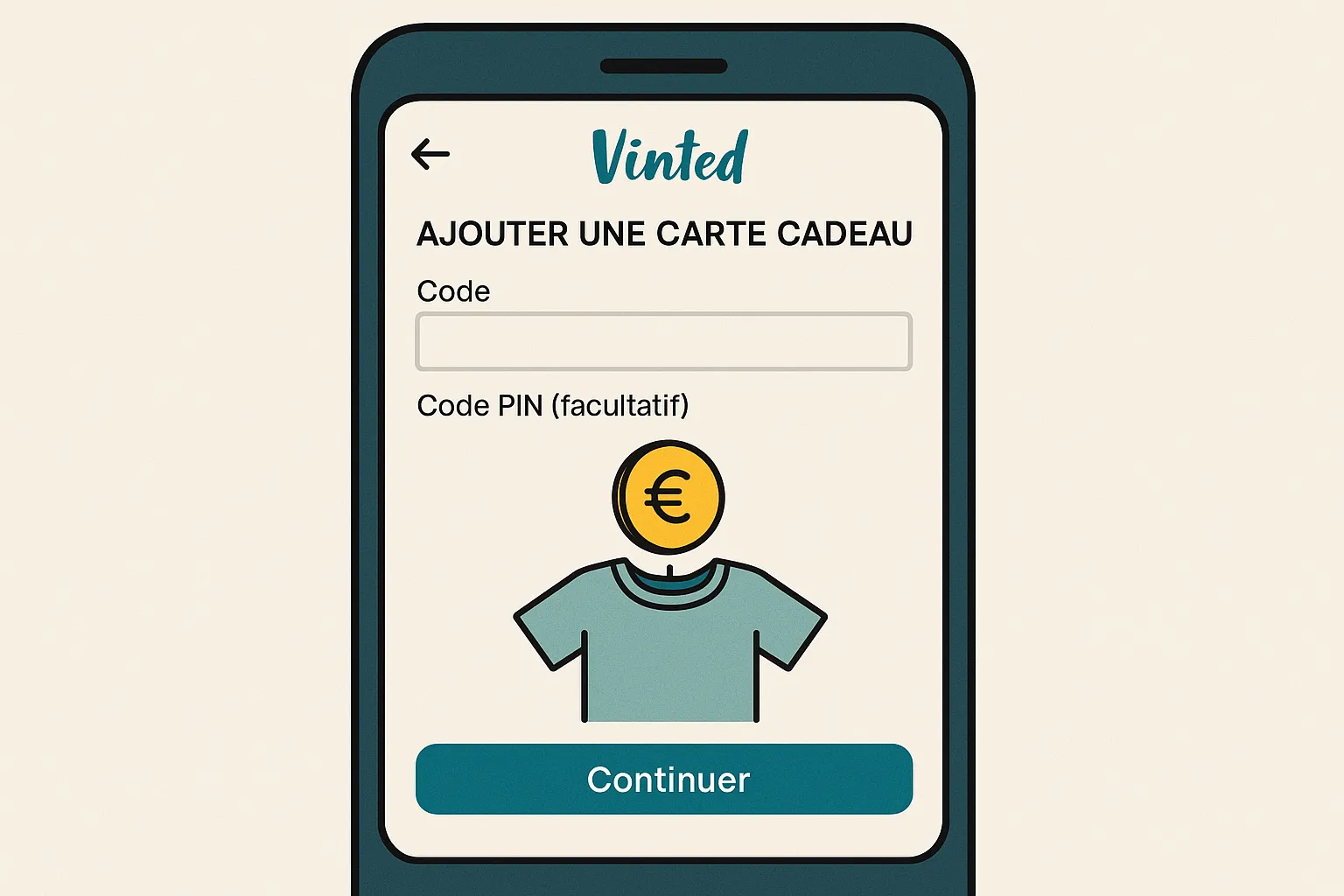 Illustration d’un smartphone affichant l’écran « Ajouter une carte cadeau » sur Vinted, avec une pièce qui tombe dans une tirelire en forme de t-shirt.