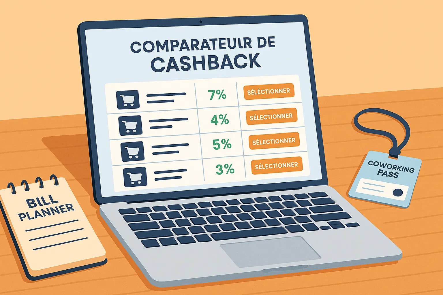Vue d’un ordinateur portable affichant un comparateur de cashback, à côté d’un carnet de factures et d’un passe de coworking.