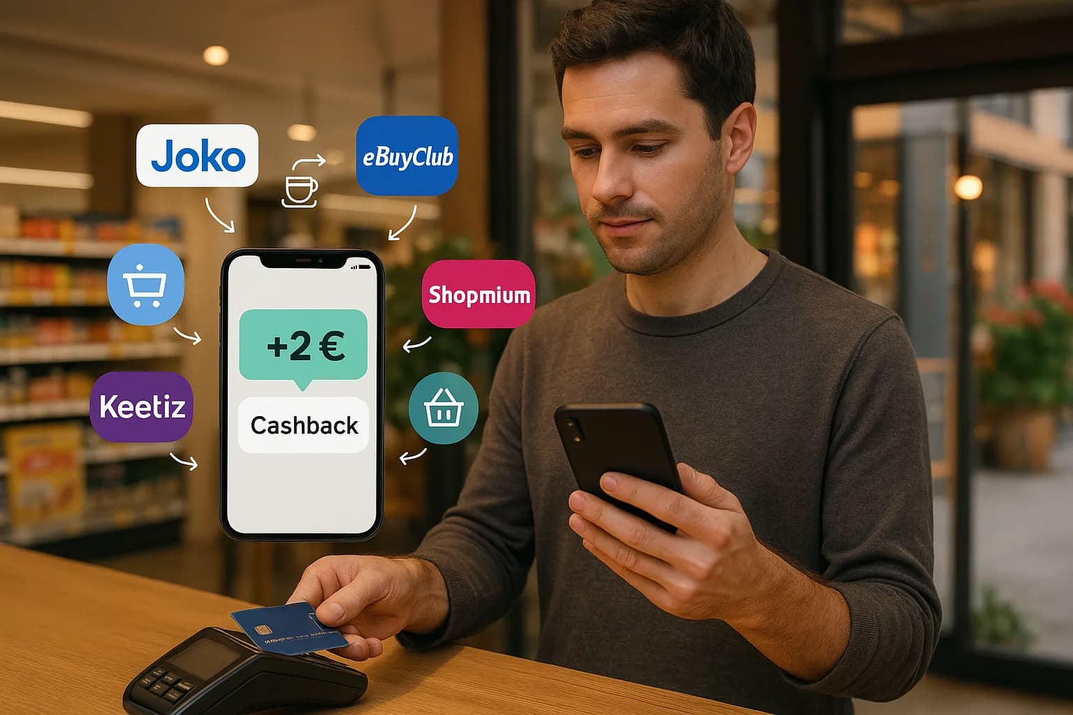 Consommatrice payant son café avec une carte bancaire tout en consultant le solde de son application cashback dans un café parisien cosy