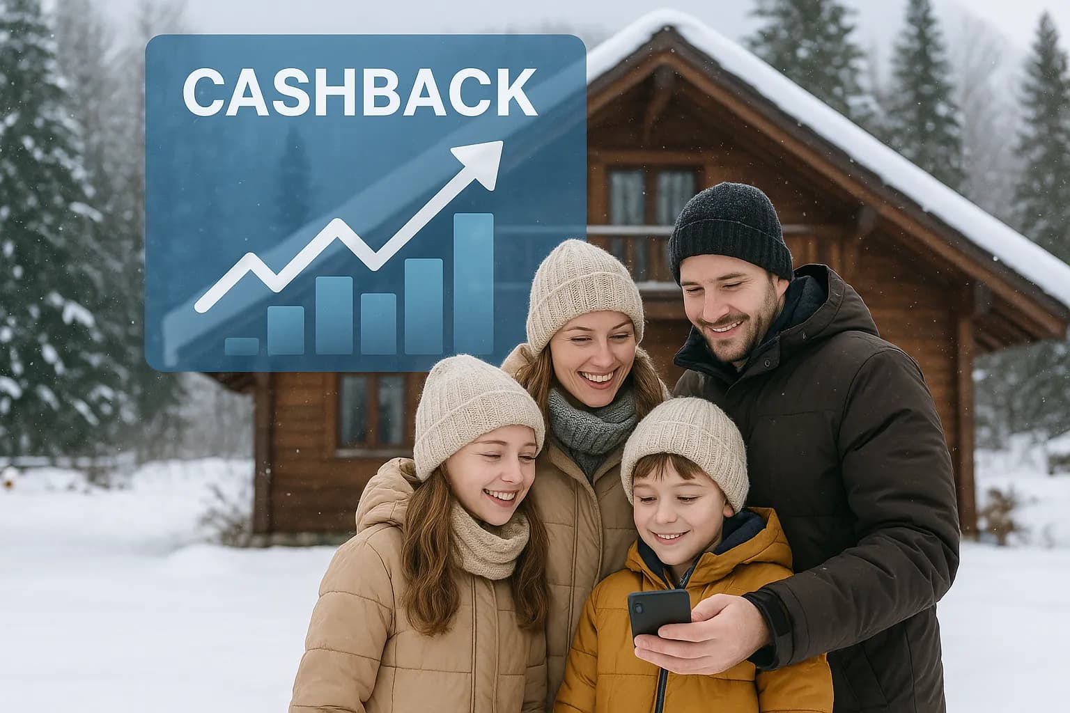 Une famille consulte son smartphone devant un chalet enneigé, un graphique de cashback montant en flèche apparaît au-dessus d’eux, symbolisant l’early booking.