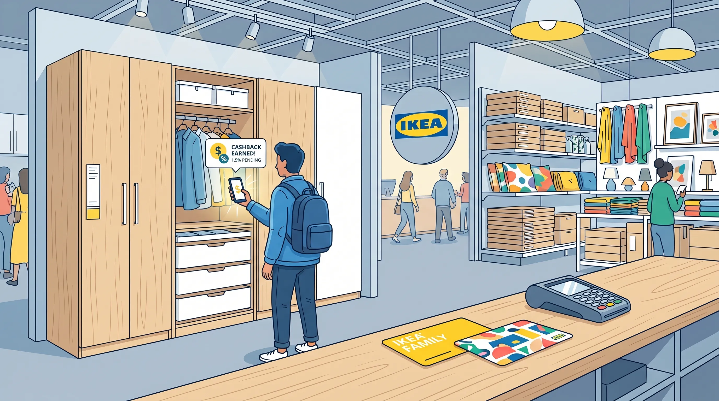 Client en caisse chez IKEA utilisant une carte cadeau et une carte bancaire, avec un smartphone affichant une application de cashback — illustration des méthodes pour obtenir du cashback en magasin en 2026.