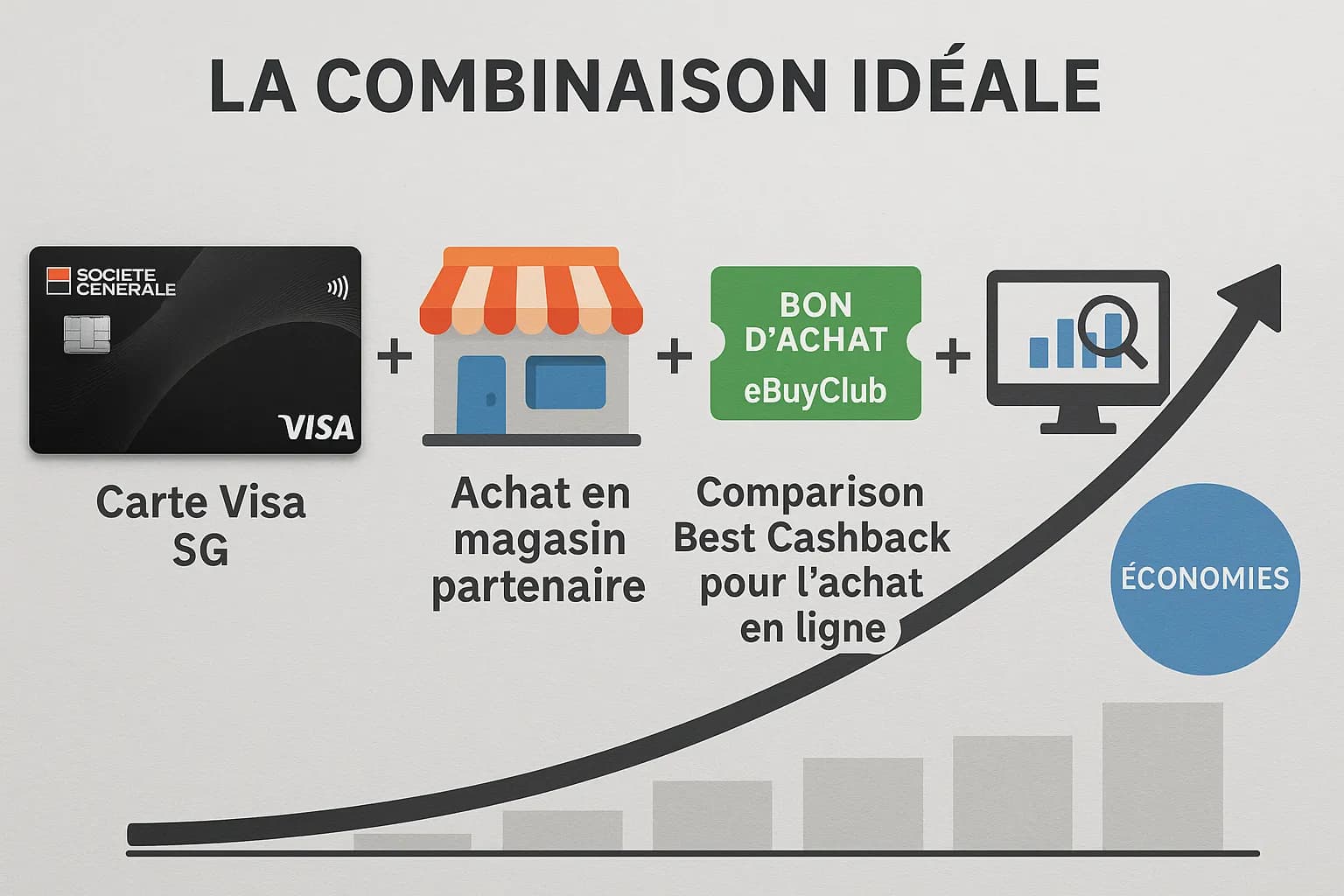 Infographie montrant la combinaison idéale : carte Visa SG + achat en magasin partenaire + bon d'achat eBuyClub + comparaison Best Cashback pour l'achat en ligne, le tout aboutissant à une courbe ascendante d'économies.