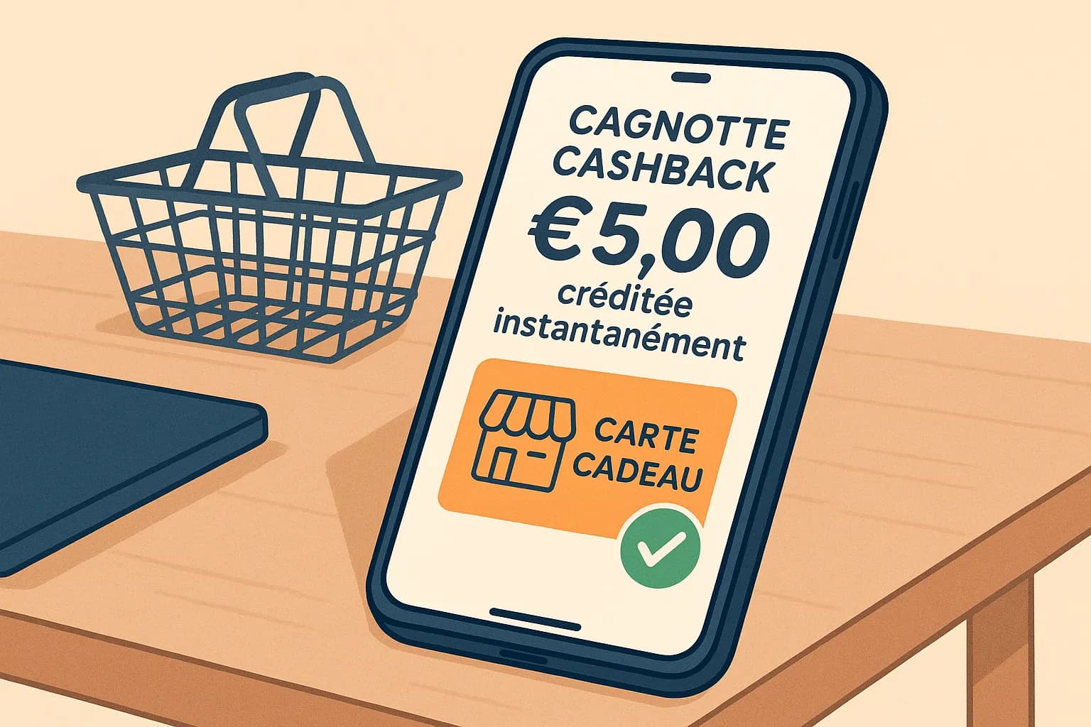 Illustration d’un smartphone affichant une cagnotte cashback créditée instantanément après l’achat d’une carte cadeau de supermarché, le tout posé sur un bureau avec un panier de courses en arrière-plan.