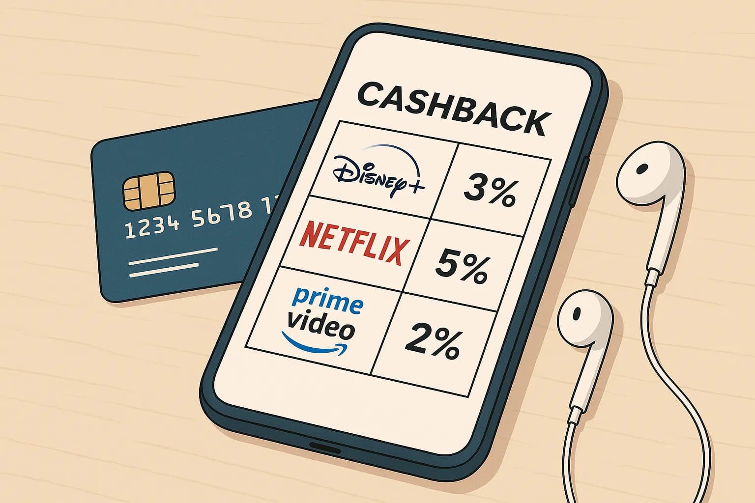 Gros plan sur un smartphone affichant un tableau comparatif de taux de cashback pour Disney+, Netflix et Prime Video, posé à côté d’une carte bancaire et d’écouteurs.