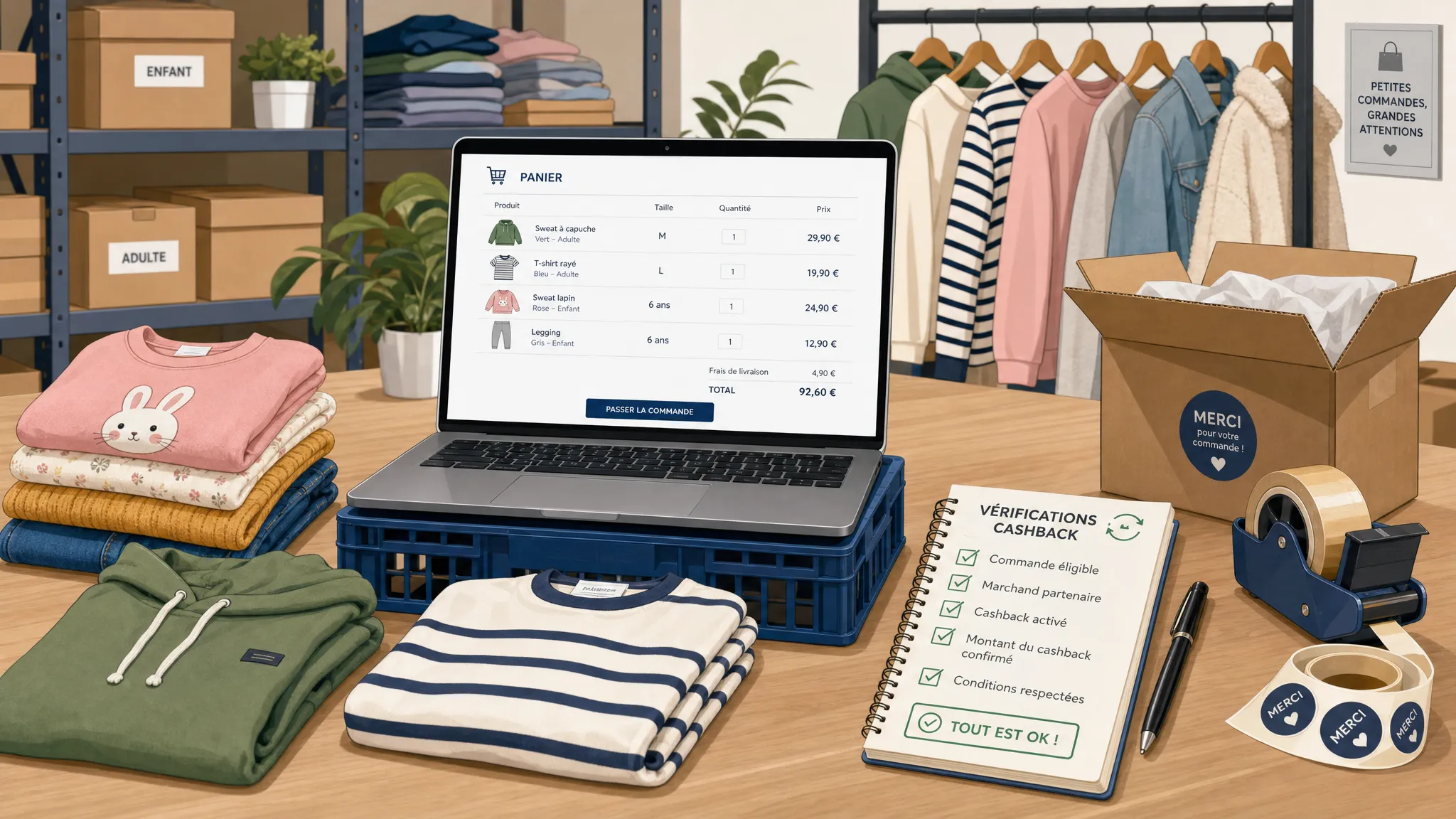 Une table de préparation de commande avec des vêtements pour enfants et adultes, un ordinateur portable ouvert face à l’observateur sur un panier en ligne et un carnet de vérifications cashback posé à côté.