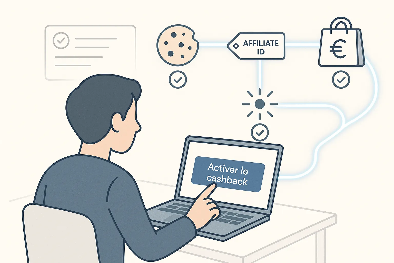 Capture d’écran simulant une extension de navigateur indiquant « Cashback activé » avec une coche verte, illustrant la confirmation du tracking de cashback