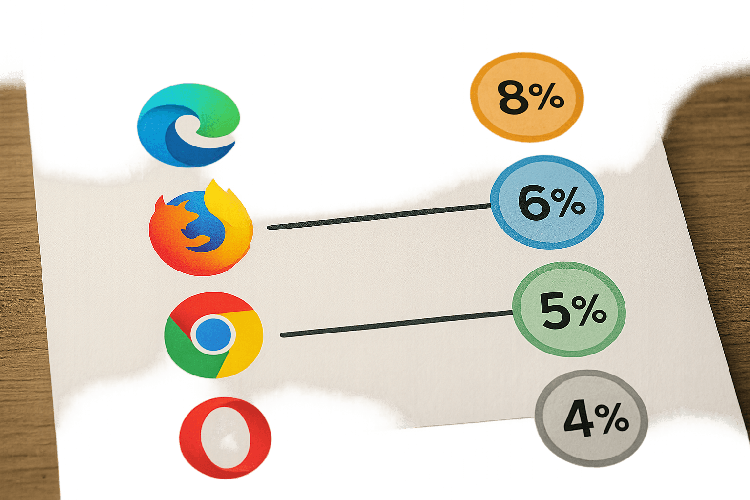 Représentation stylisée d’un tableau comparatif d’extensions, avec des logos colorés reliés à des icônes de pourcentage. L’objectif est de symboliser la concurrence des taux de cashback.