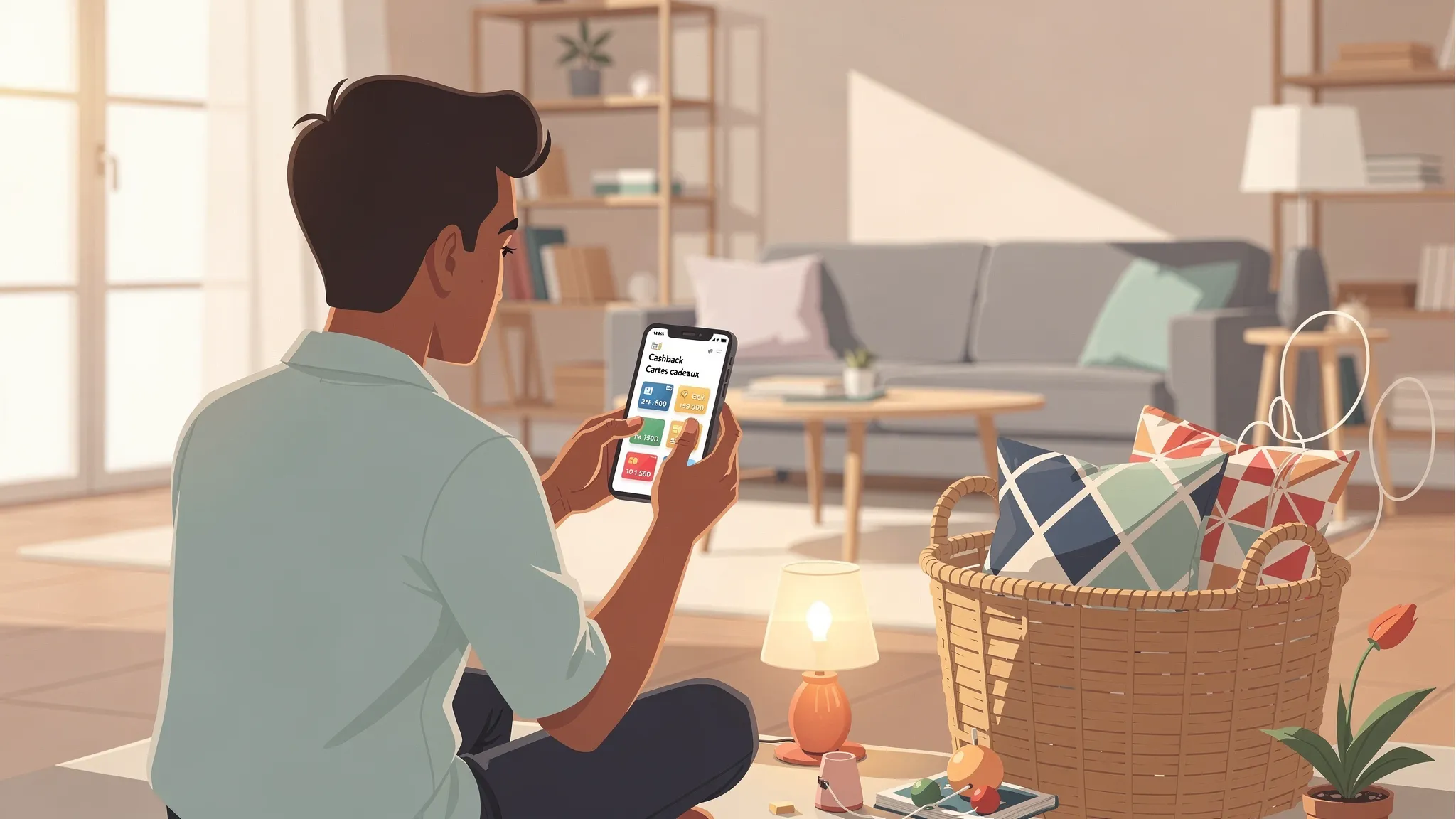 Une personne compare sur son téléphone des offres de cashback et des cartes cadeaux avant d’acheter des meubles, avec un panier d’accessoires déco (coussins, lampe) posé à côté.