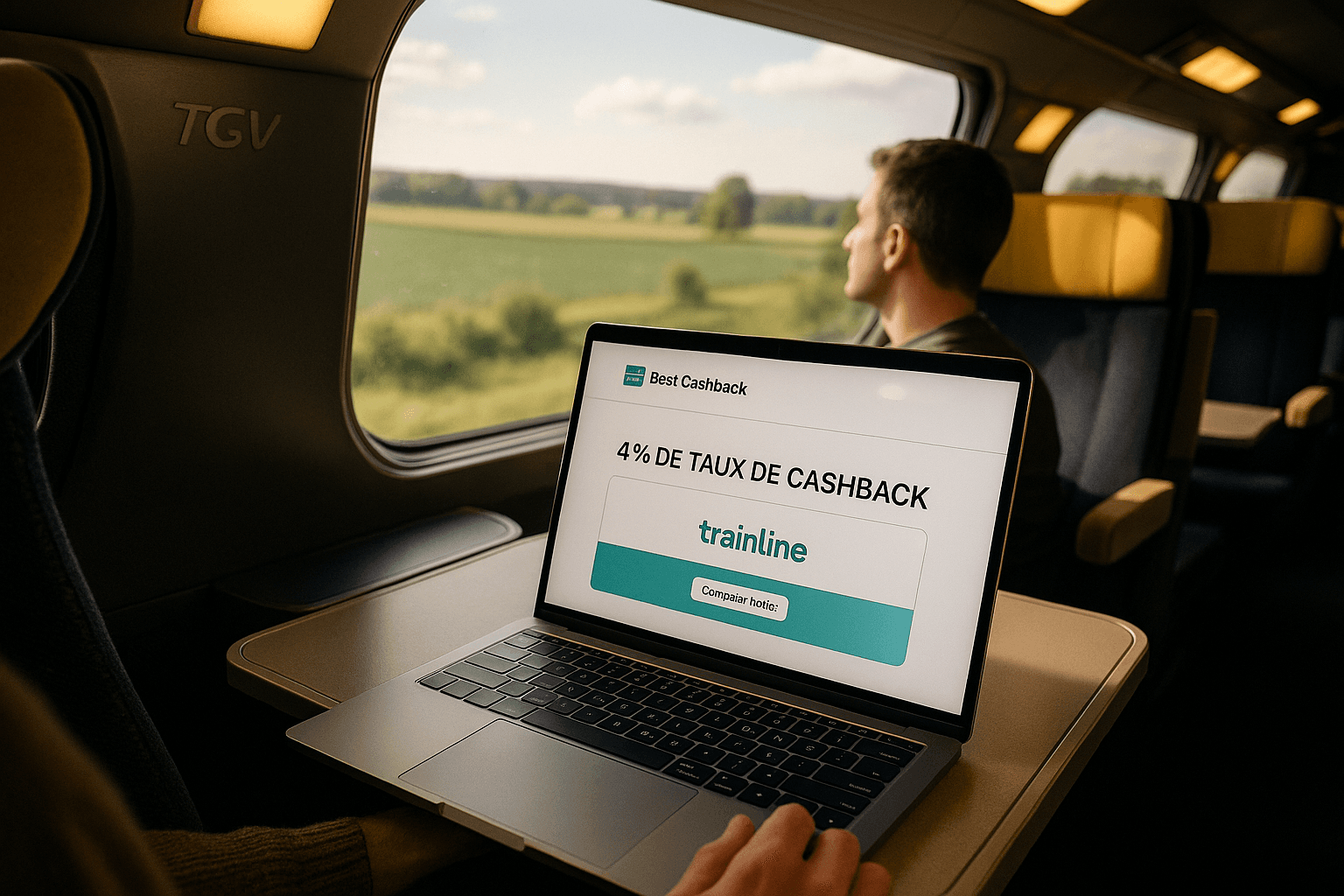 Vue intérieure d’un TGV avec un ordinateur ouvert sur le comparateur Best Cashback, montrant un taux de 4 % sur Trainline, pendant qu’un passager profite du paysage.