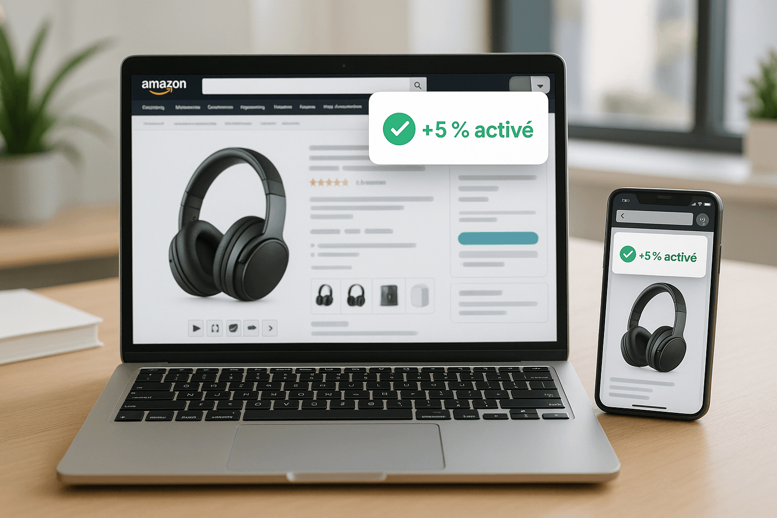 Illustration d’un ordinateur portable affichant une page produit Amazon ; une fenêtre pop-up d’extension de cashback montre “+5 % activé”. À côté, un smartphone présente la même activation sur son navigateur mobile. La scène est lumineuse, ambiance bureau moderne, soulignant la simplicité de l’activation du cashback grâce aux extensions.